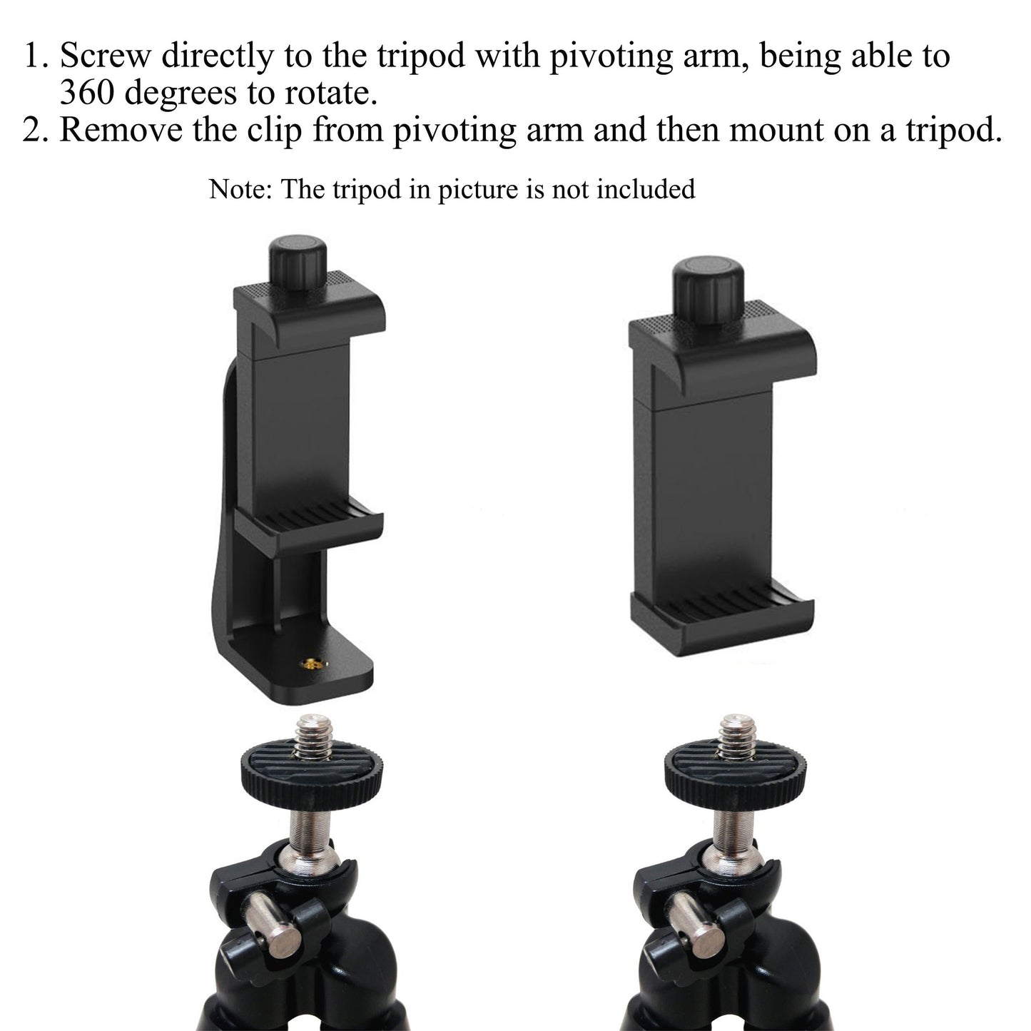 Ailun Phone Holder/Vertical and Horizontal Tripod Mount Adapter Rotatable Bracket with 1/4 inch Screw, Adjustable Clip for iPhone, Android Cell Phone, Selfie Stick, Camera Stand