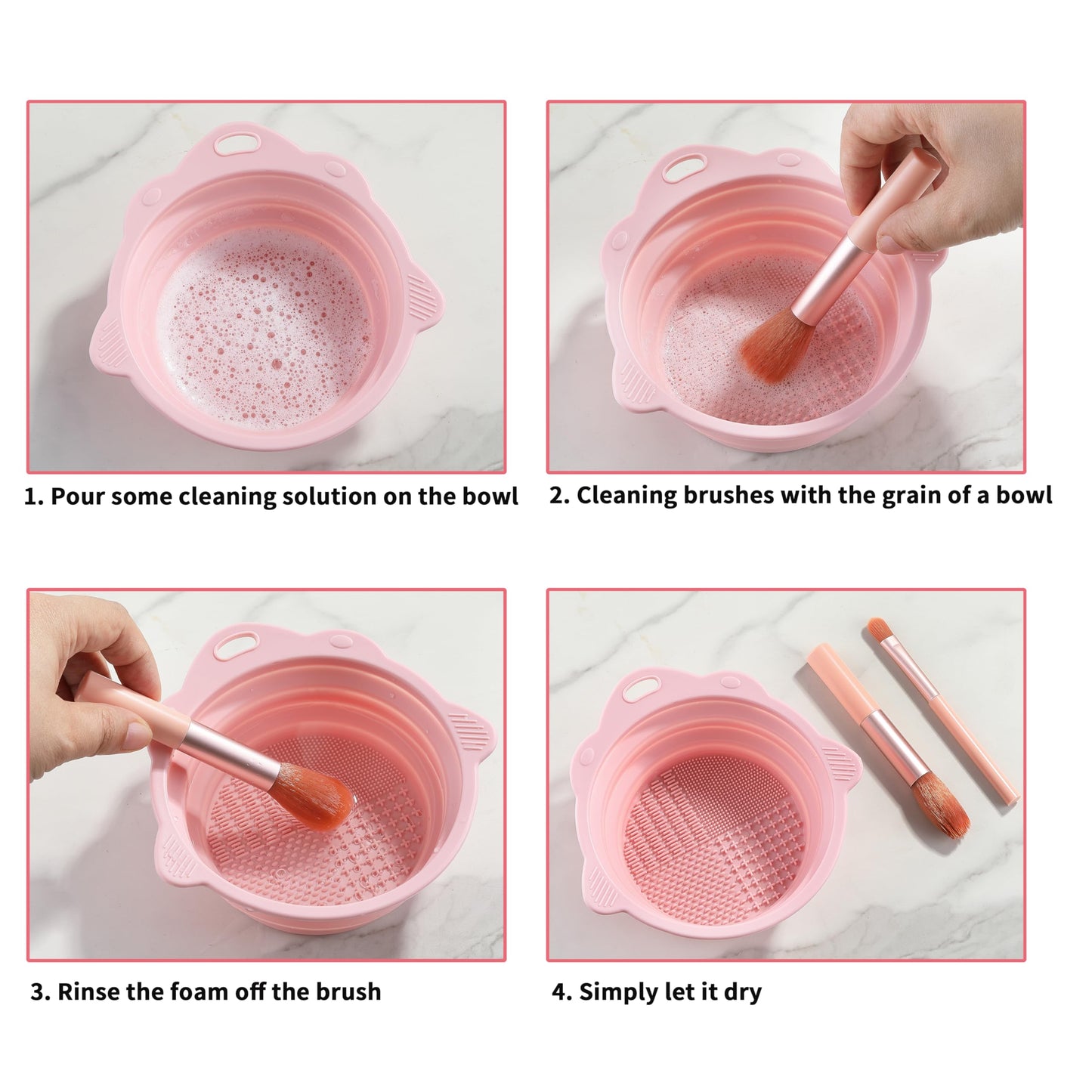 Makeup Brush Cleaner Bowl, 2 Pieces Foldable Silicone Makeup Cleaning Tools for Brushes, Sponge and Puff, Portable Make up Brush Cleaner for Travel (Pink, Gray)