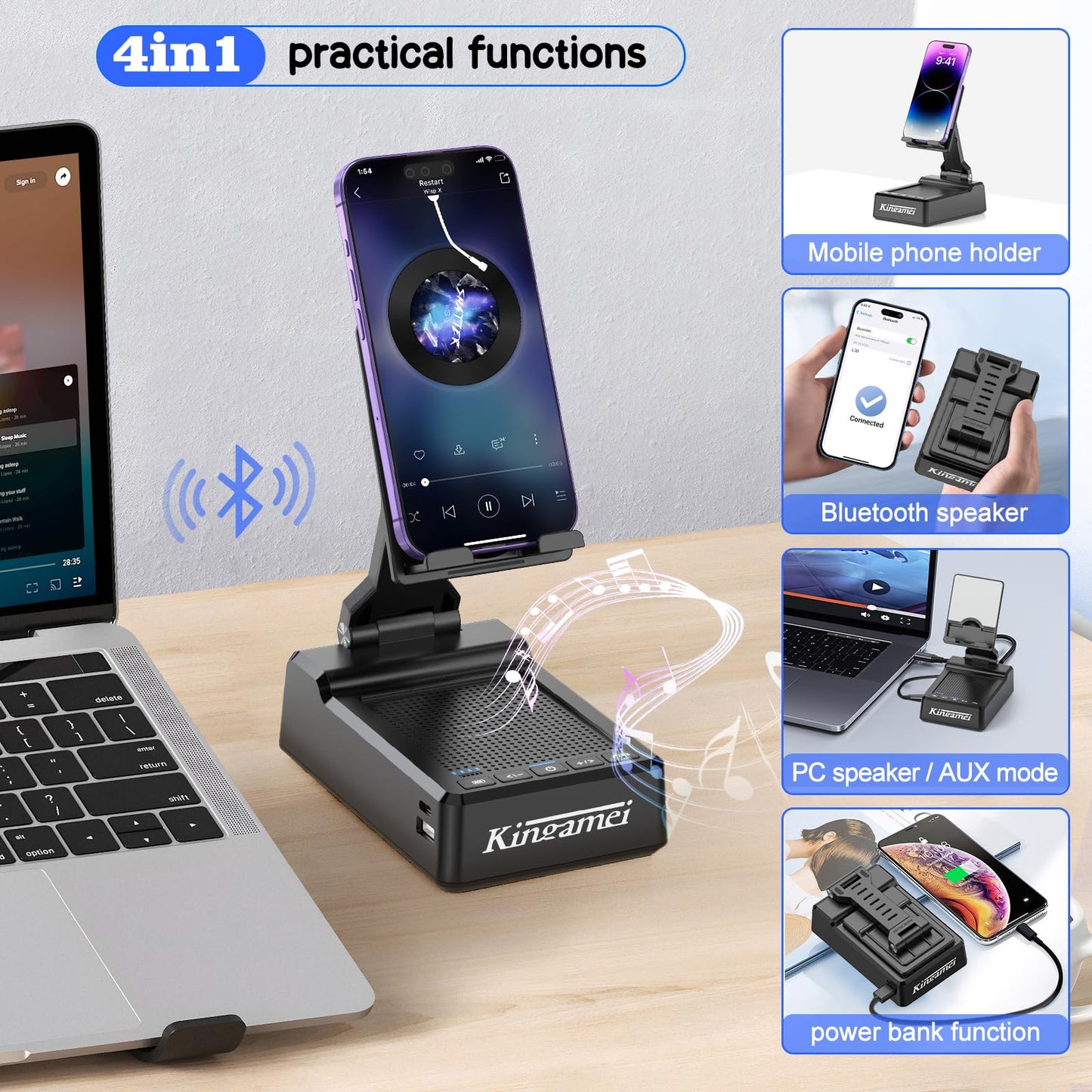 Kingamei Birthday Gifts for Him Men,Portable Mens Gifts Cell Phone Stand with Wireless Multifunctional Bluetooth Speaker and Anti-Slip Base HD Surround Sound,Unique Valentines Day Gifts for Mens