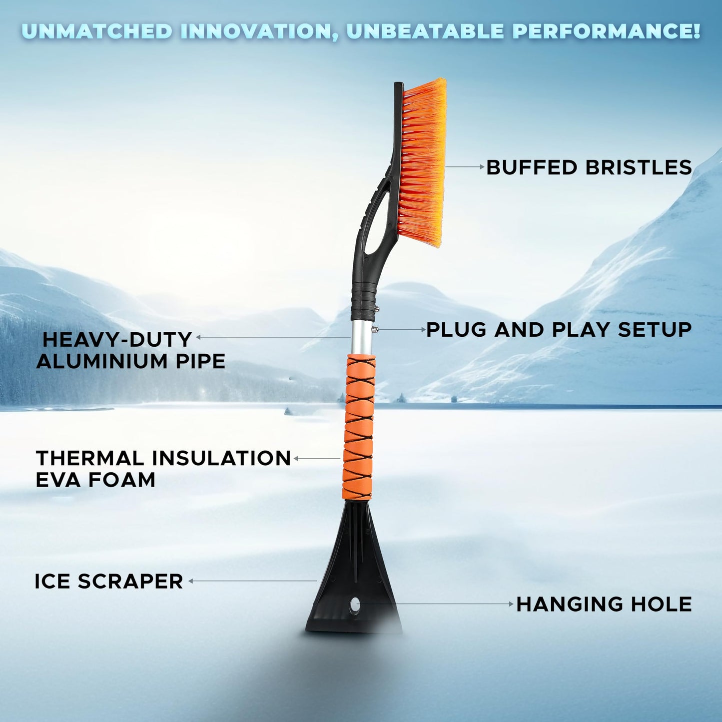 EcoNour 27" Aluminum Snow Brush with Ice Scrapers for Car Windshield and Window | Car Snow Scraper and Brush with Ergonomic Foam Grip Winter Accessories (Orange)