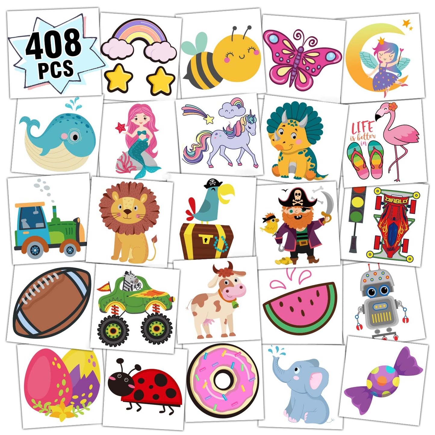 Partywind 408 PCS Kids Tattoos for Party Supplies, Individually Wrapped Sheet Temporary Tattoos Stickers for Kids Goodie Bag Stuffers, Fun Birthday Party Favors