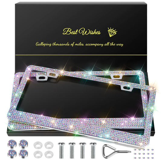 QUANQIUFEI Lot de 2 cadres de plaque d'immatriculation pour femme, accessoires de voiture en strass scintillants avec capuchons en cristal pailleté (colorés)