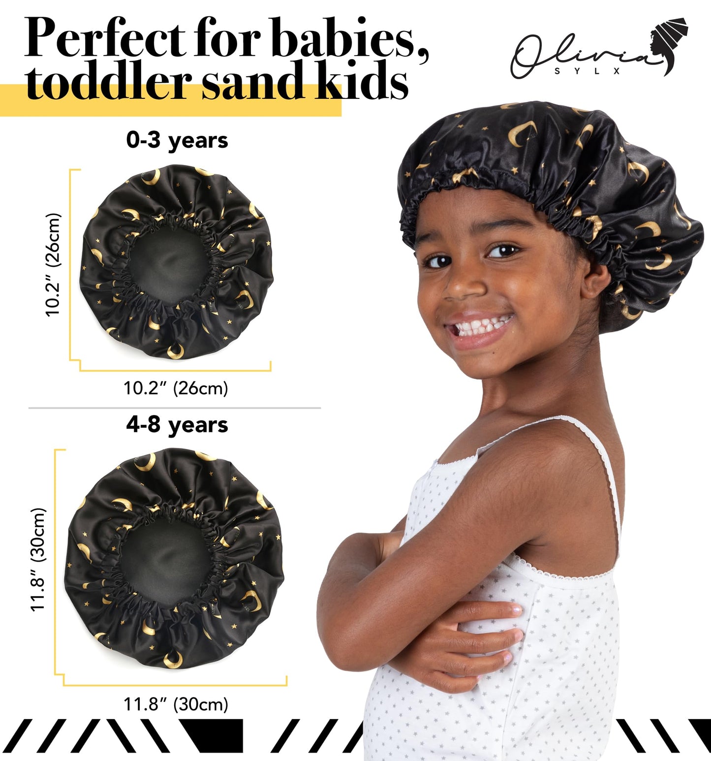 Olivia Sylx - Satin Bonnet & Toddler Silk Bonnet - Sleep Cap & Kids Bonnet for Girls, Hair Cover for Sleeping - Satin Sleep Cap, Adjustable (Gold Moon/Black, 0-3 Year)