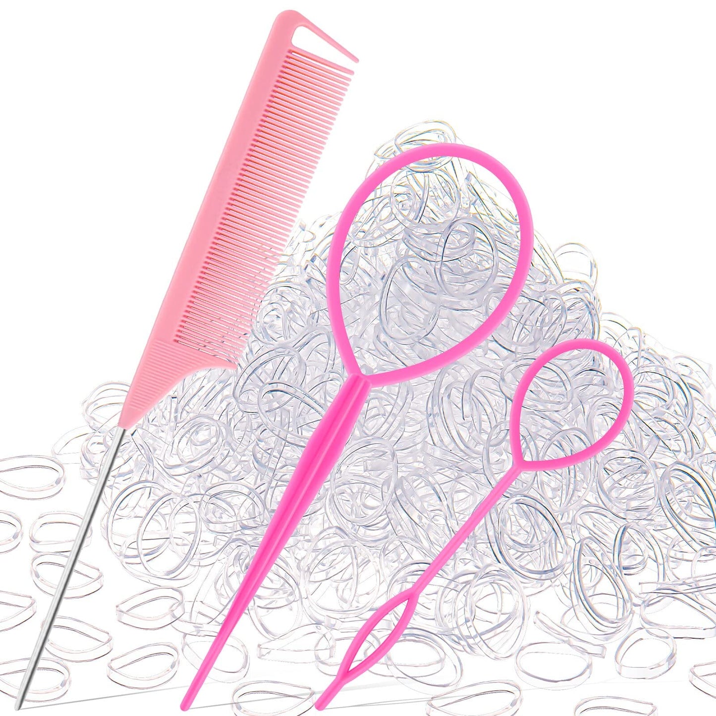 1000Pcs Hair Rubber Bands, Soft Small Hair Elastics for Girls and Women, 2pcs Topsy Tail Tools, 1 Rat Tail Comb, Pink Schembo