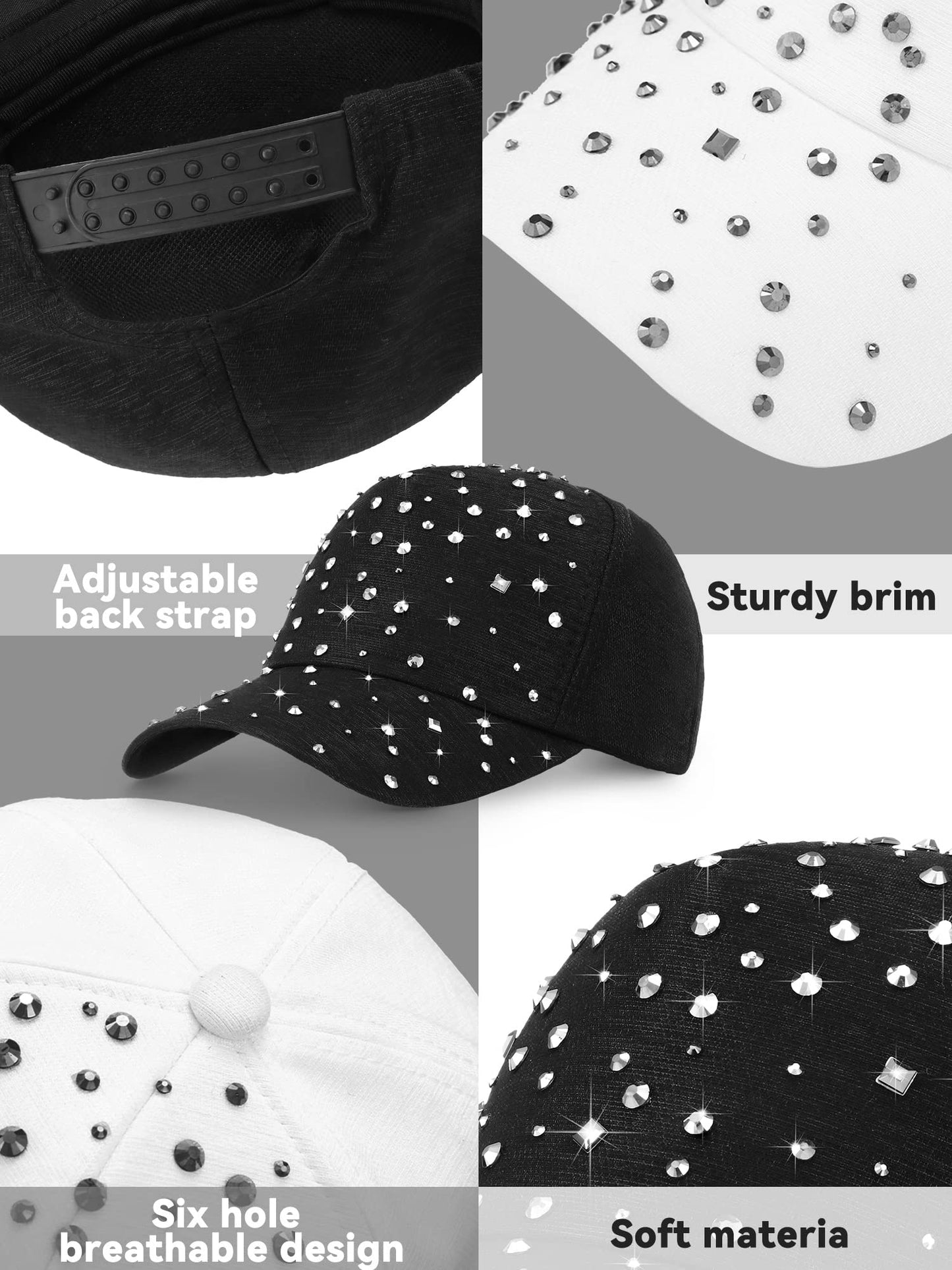 Loopeer Lot de 2 casquettes de baseball réglables et respirantes en strass pour femmes et hommes, casquette de sport décontractée à paillettes (noir, blanc)