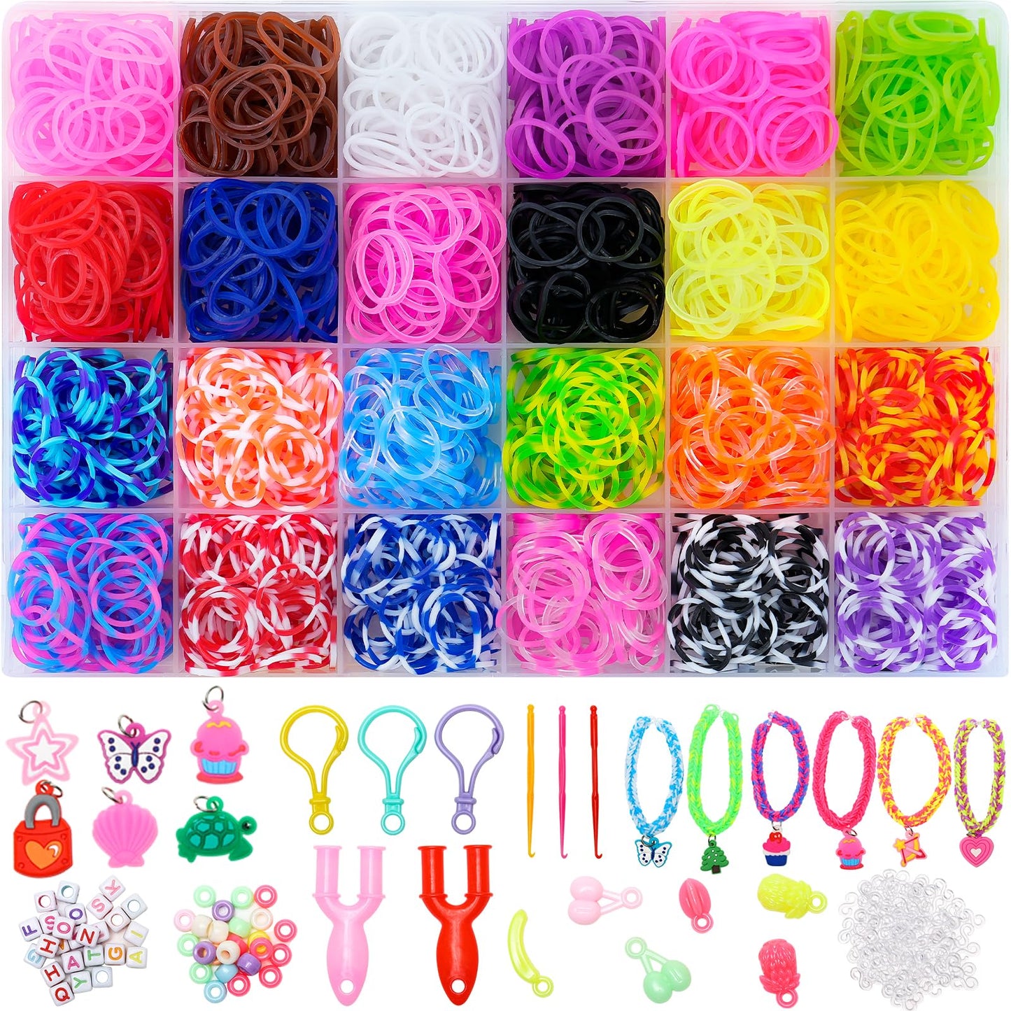 XKDOUS 24 Colors Rubber Band Bracelet Kit, Loom Bracelet Making Kit for Art and Craft, Rubberband Bracelets kit for Kids Ages 6+