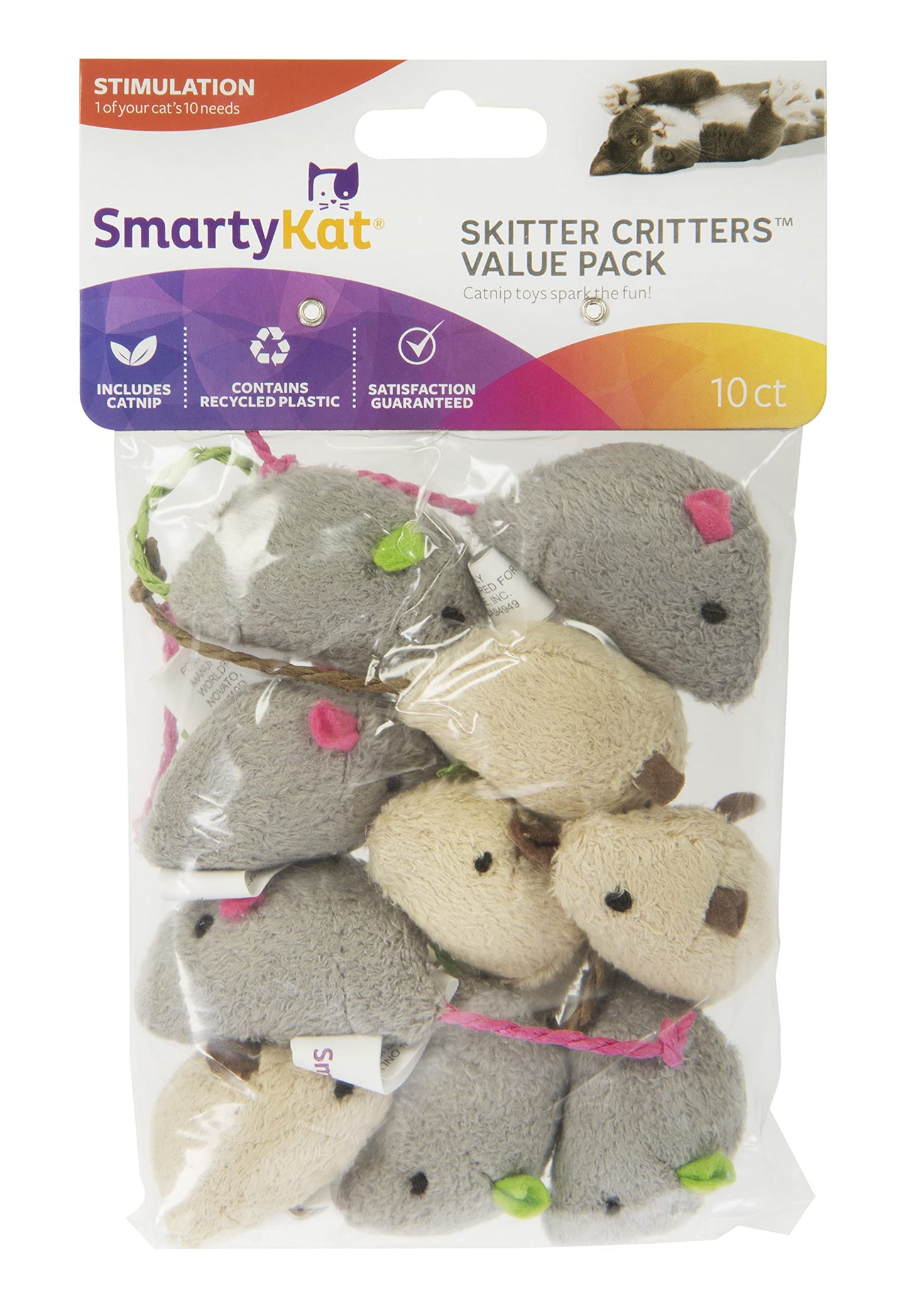 Paquete económico de juguetes para gatos con hierba gatera Skitter Critters de SmartyKat, gris/crema, juego de 10