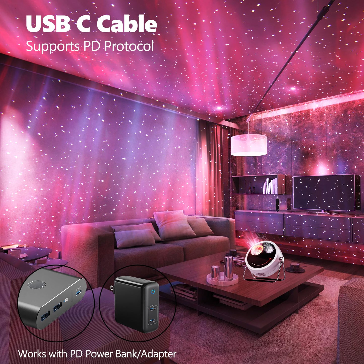 Brizled Star Projector Galaxy Light, USB C Projecteur étoilé blanc Fonctionne avec alimentation PD, haut-parleur Bluetooth et projecteur Aurora à bruit blanc, projecteur LED Galaxy pour chambre à coucher, fête à la maison