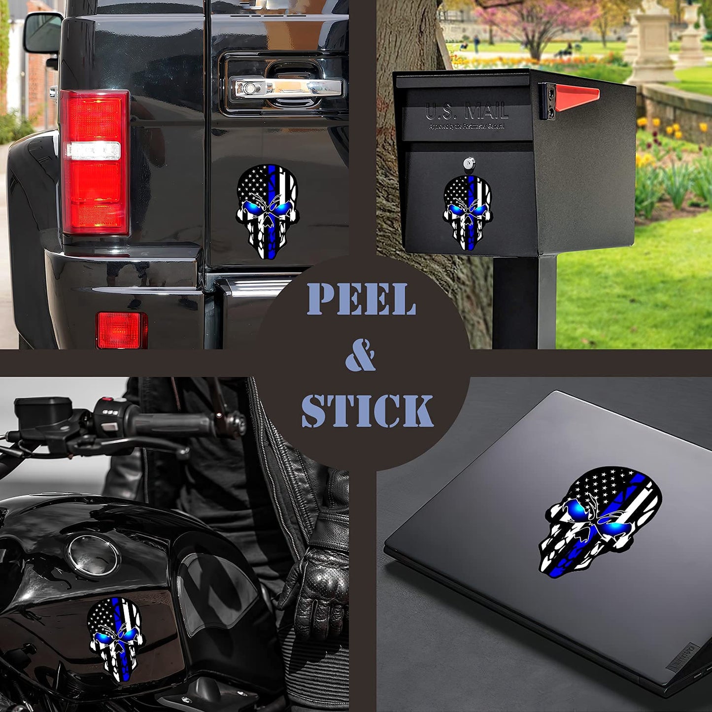 2 Pack Car Decals Stickers Skull Reflective US Flag with Thin Blue Line, Honoring Police Law Enforcement Vinyl Stickers Van Trucks Women Men Motorcycle Laptop Decals Skateboard Bike Bumper Window