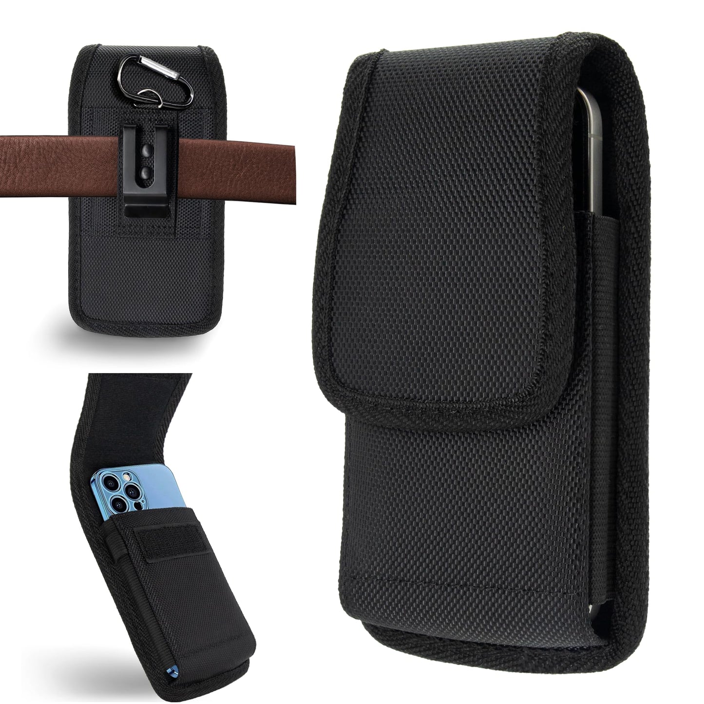 INGIDO Nylon Cell Phone Holster with Belt Clip for iPhone 15, 15 Pro, 14, 14 Pro, 13, 13 Pro, 12, 12 Pro, 11, 11 Pro, XR, S24, S23, ID Card Holder Pen Holder Universal Pouch, Black -M