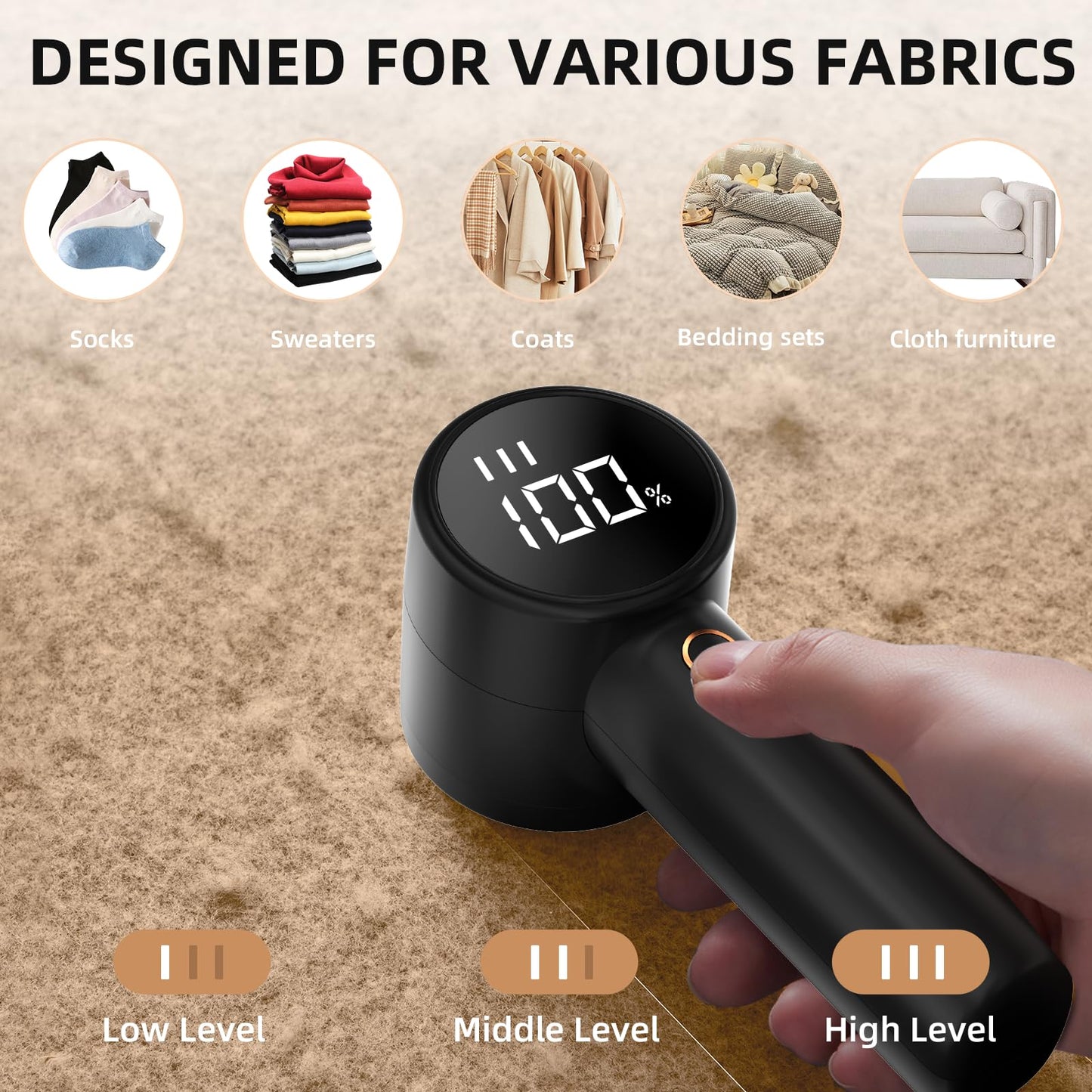 Fabric Shaver, Lint Remover Rechargeable, Electric Portable Sweater Defuzzer with 3 Speeds, 6 Leaf Blades, Digital LED Display to Remove Pilling for Clothes, Furniture, Sweater, Couch, Blanket