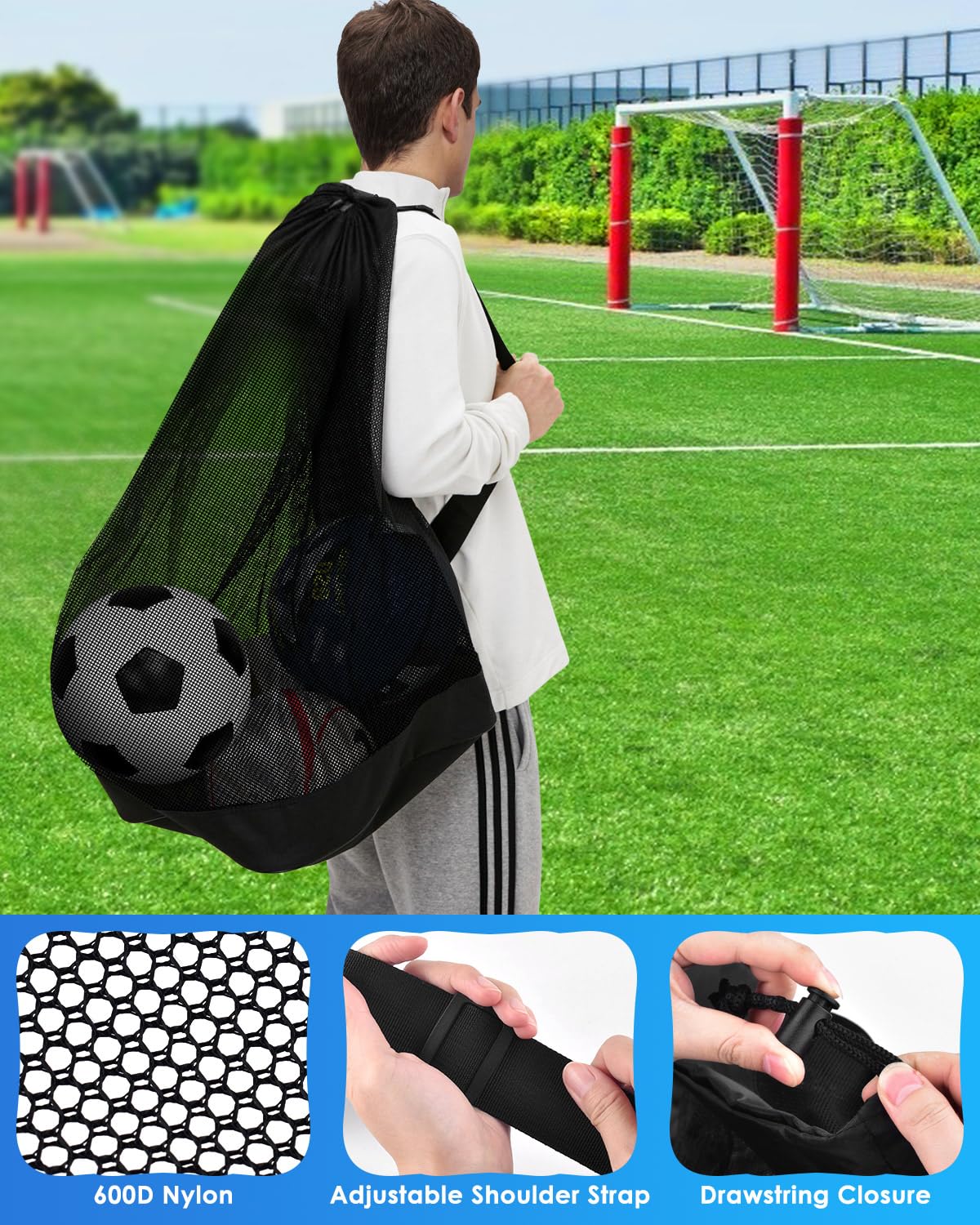 Heavy Duty Soccer Ball Net Bag(100L Extra Large Capacity 10-12Balls), Drawstring Mesh Ball Bag with Zipper Pocket, Sports Equipment Storage Organizer Hold for Gym, Beach, Cloth, Swimming Gears (1)