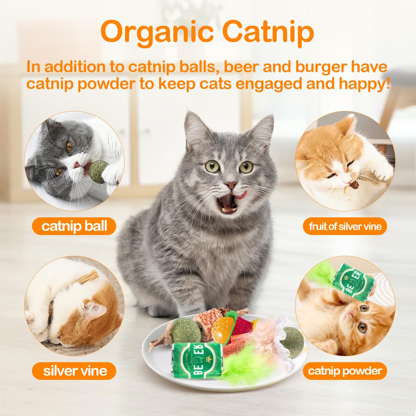 Migipaws Catnip Toys for Indoor Cats,Interactive Kitten Kick Toys,Like Food Toy Pack with Feather,Silver Vine,Squeaker Sound