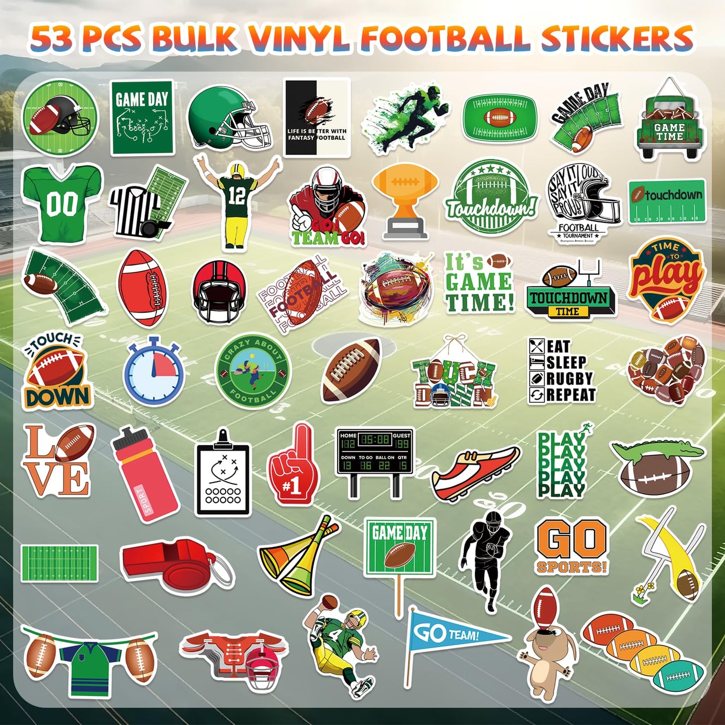 XZENTIRA 53 PCS Football Stickers Bulk Sports Themed Stickers Vinyl Waterproof Football Stickers for Teens Adults Laptops Water Bottles Skateboards Refrigerator