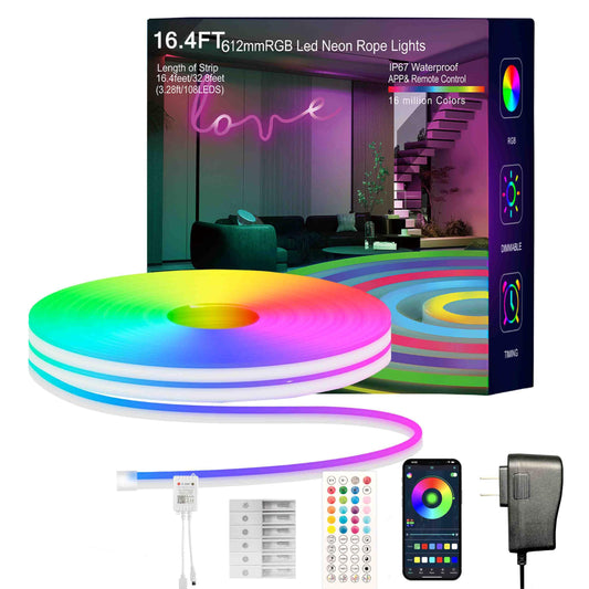 MFWW Neon Rope Lights, 16.4FT RGB LED Strip Lights, App Control, IR Remote, Outdoor IP67 Waterproof, Music Syncing, Flexible DIY Design for Bedroom, Gaming, Party, Christmas Decor