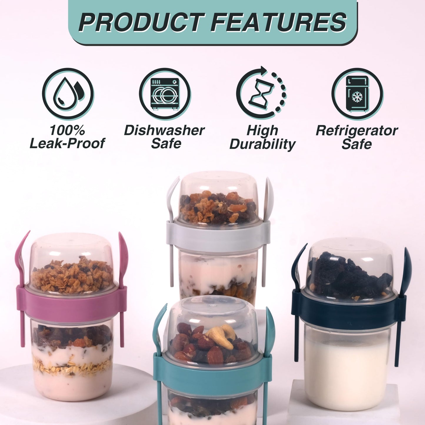 QUASLEQ 4-Pack Yogurt Parfait Cups - with Lids and Spoons - Reusable Yogurt Containers for On-the-Go - Portable Yogurt Cups with Topping Storage - Ideal for Oatmeal and Breakfast Prep (22 oz-650 Ml)