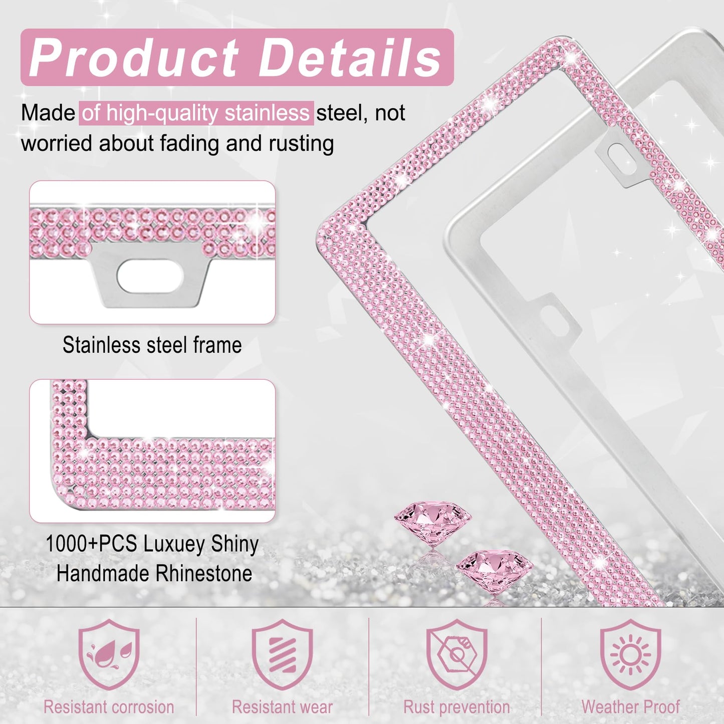 Cadre de plaque d'immatriculation Amiss Bling pour femme, 1 paquet de strass fabriqués à la main en cristal de qualité supérieure en acier inoxydable, accessoires de voiture en acier inoxydable avec capuchons à paillettes diamantées (rose)