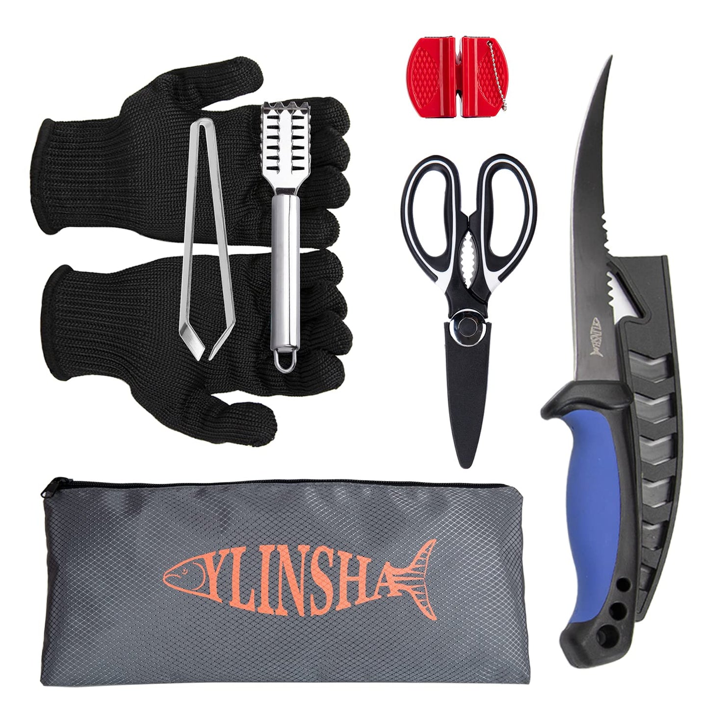 Cuchillo de pesca ylinsha, kit de limpieza de pescado, juego de 7 piezas, cuchillo de pescado, cepillo de limpieza de escamas de pescado, tijeras multifuncionales, guantes anticorte, pinzas para espinas de pescado, bolsa de almacenamiento