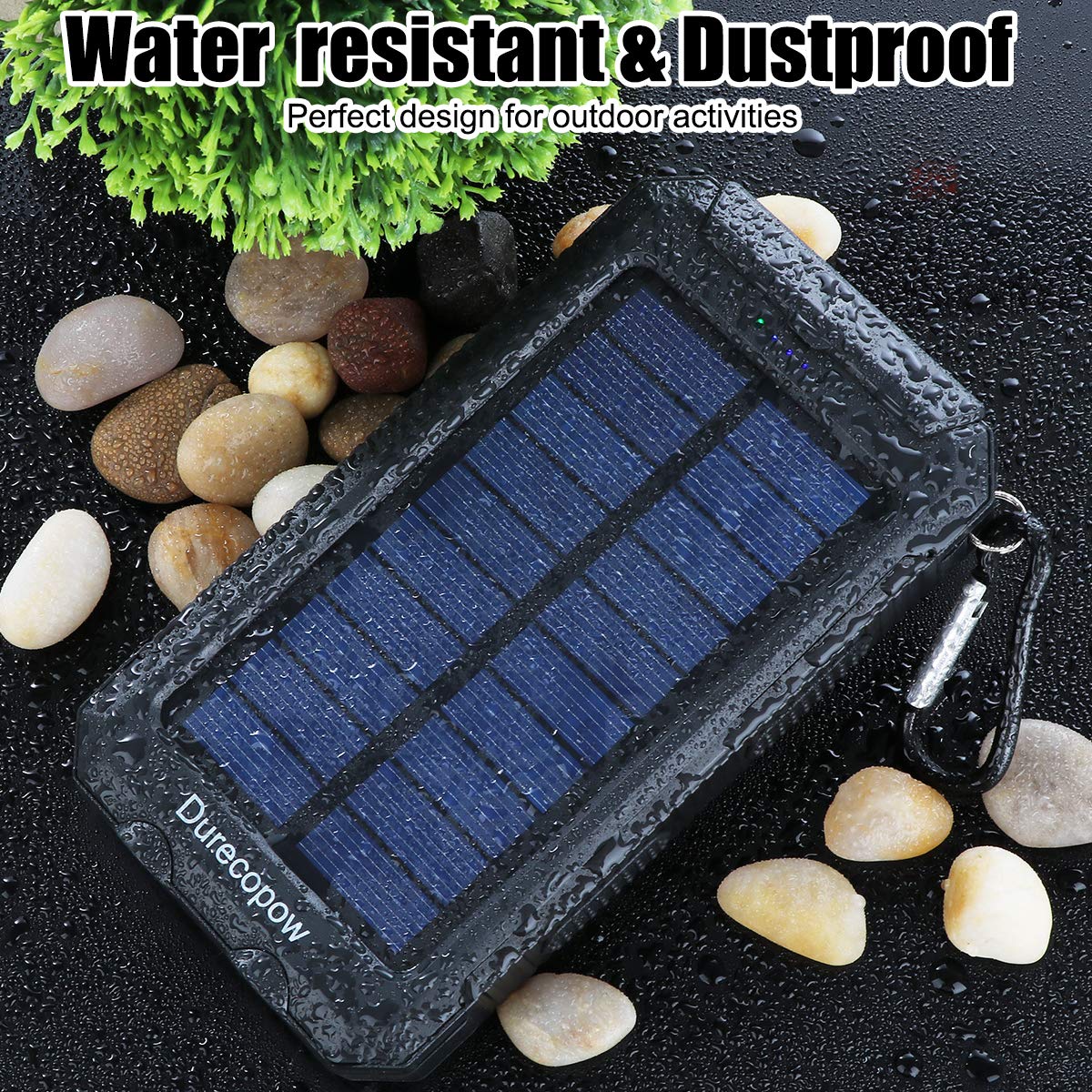 Solar Charger, 20000mAh Portable Outdoor Waterproof Solar Power Bank, Camping External Backup Battery Pack Dual 5V USB Ports Output, 2 Led Light Flashlight with Compass (Black)