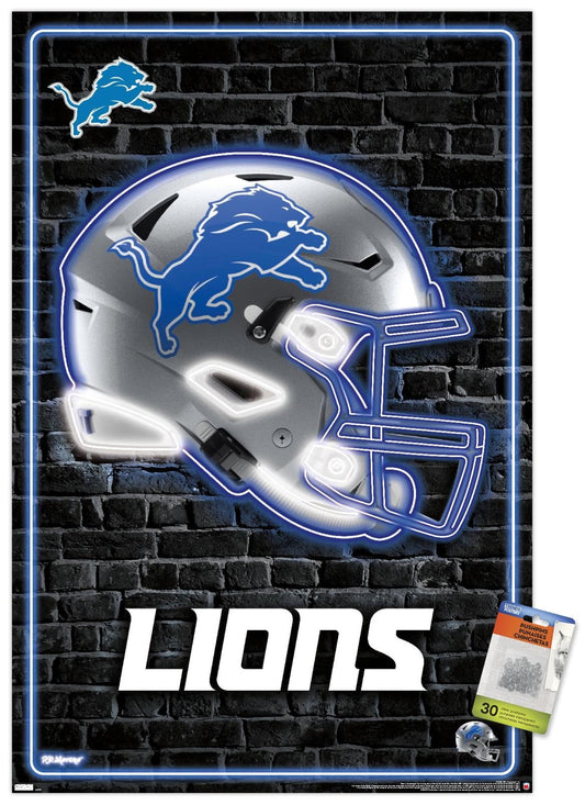 Affiche murale Trends International NFL Detroit Lions - Casque néon 23, 22,37" x 34,00", ensemble affiche et punaise