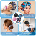 Shower Cap for Women Set of 4, Bath Caps, Double Layers Hair Caps + 2 Satin Hair Scrunchies, Reusable Waterproof Shower Caps, Elastic Hair Cap for Shower