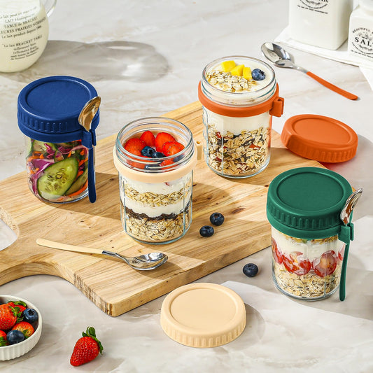 DRKIO 4 Pack Glass Overnight Oats Containers with Lids and Spoons 16 Oz Mason Jars for Overnight Oats Jars Leak Proof Oatmeal Container Meal Prep Jar for Cereal Fruit Vegetable Milk Salad Yogurt