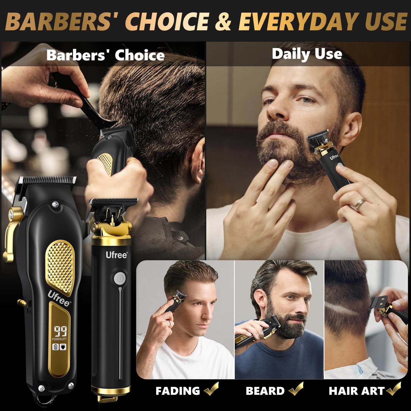 Ufree Hair Clippers for Men, Professional Clippers and Trimmers Set, Cordless Clippers for Hair Cutting, Beard Trimmer, Barber Clippers, Rechargeable Electric Shaver, Gifts for Men