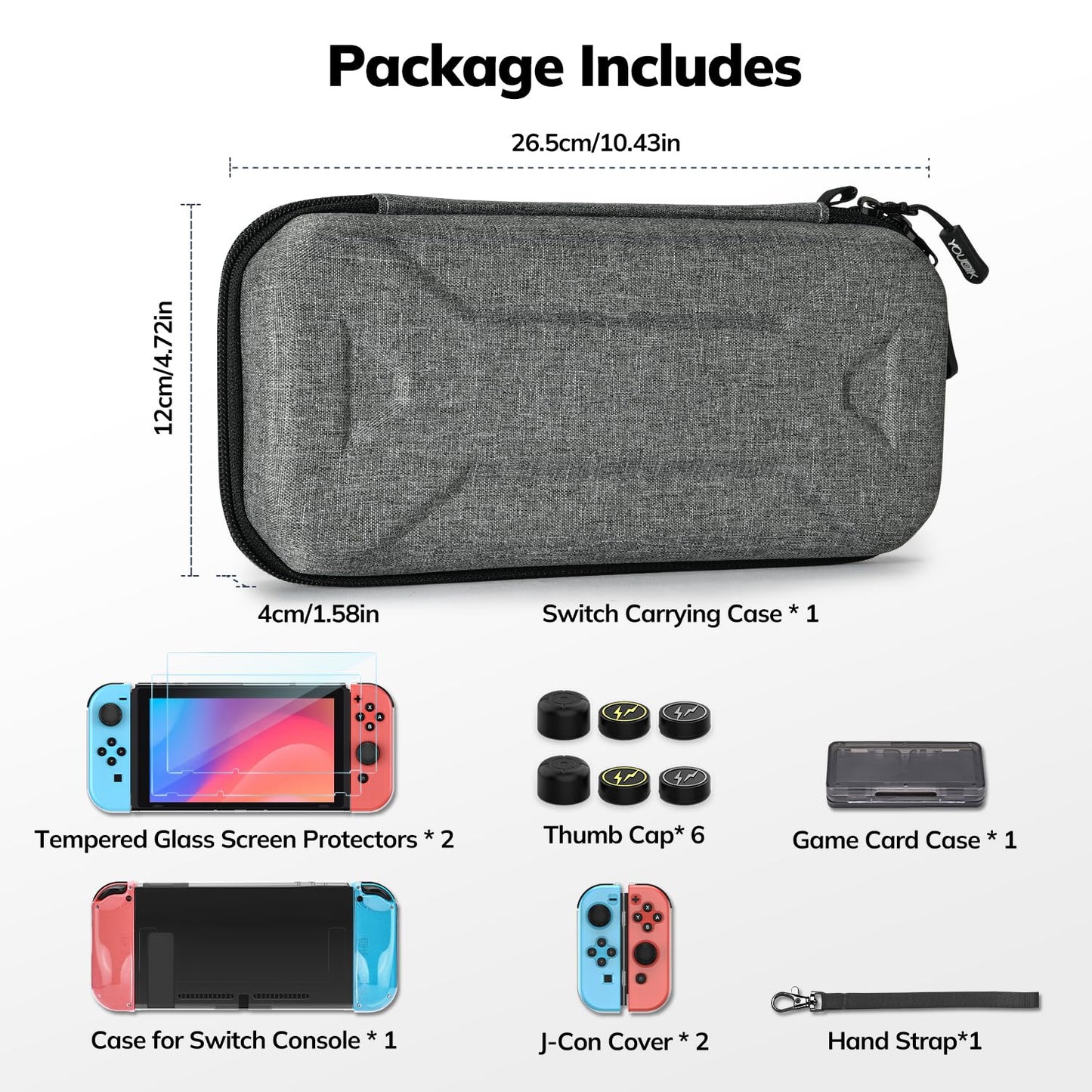 Younik Switch Case for Switch 2017, Portable Switch Carrying Case, 14 in 1 Accessories Kit with Switch Case, Cover, Screeen Protector, Thumb Grip Cap, Game Card Case and Strap (Gray, Y Pattern)