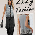 ZXZY Womens Sequin Fringe Sleeveless Vest Sparkly Lightweight Fitted Jacket Cardigan Silver