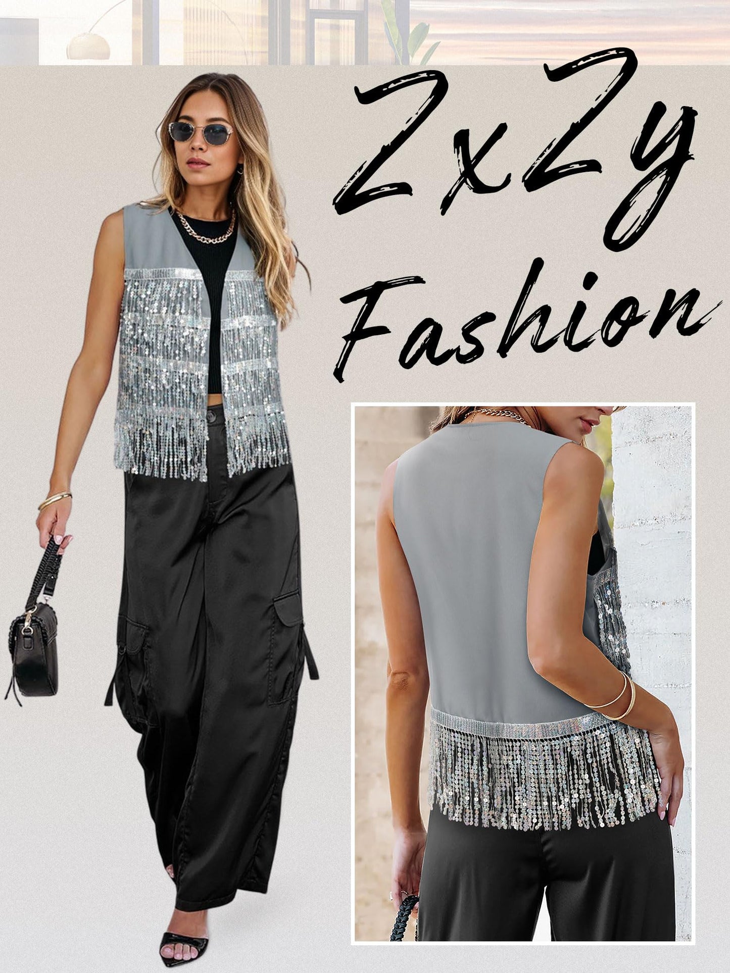 ZXZY Womens Sequin Fringe Sleeveless Vest Sparkly Lightweight Fitted Jacket Cardigan Silver