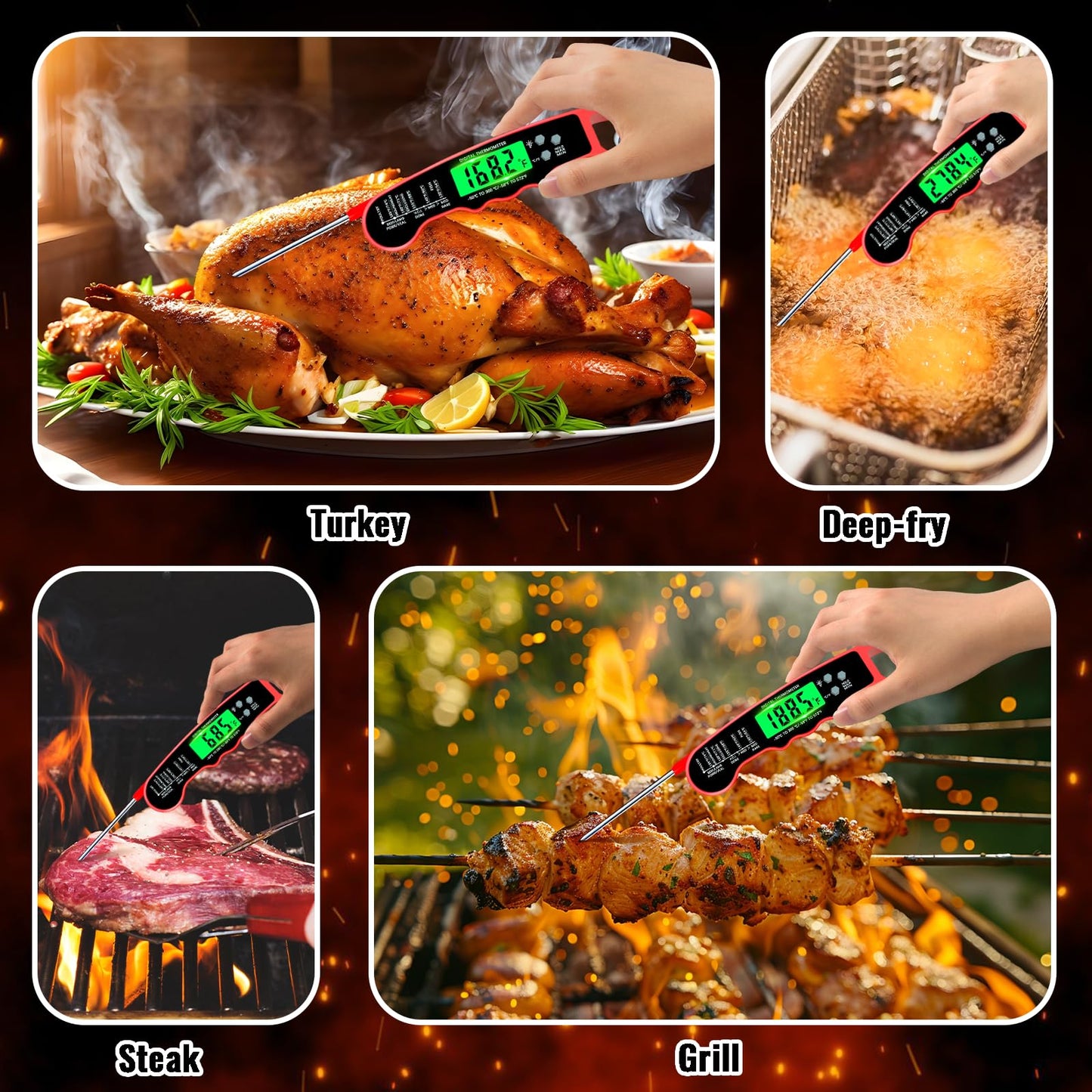 Meat Thermometer Digital, IP67 Waterproof Food Thermometer for Cooking and Baking, Instant Read Meat Thermometer with Backlight, Hold Function & Magnet for Kitchen, Beef, Grill, BBQ, Candy, Turkey