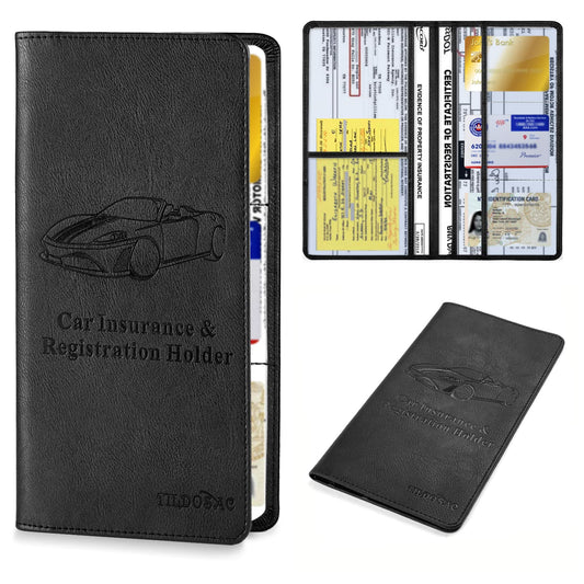 TILDOSAC Leather Car Registration and Insurance Card Holder, Car Document Holder for Cards License with Magnetic Shut (Black, large)