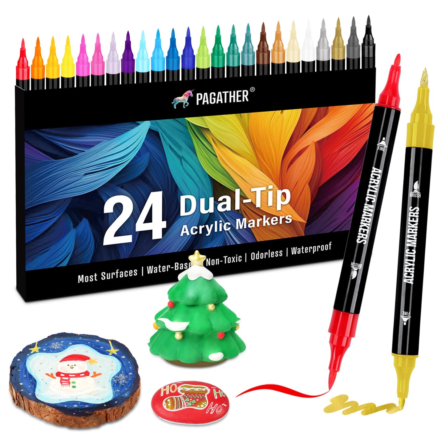 Pagather 24 Colors Acrylic Paint Markers, Dual Tip with Fine Tip and Brush Tip Pens for Stone, Wood, Calligraphy, Canvas, Ceramic, Metal, Glass, Rock Painting, DIY Crafts