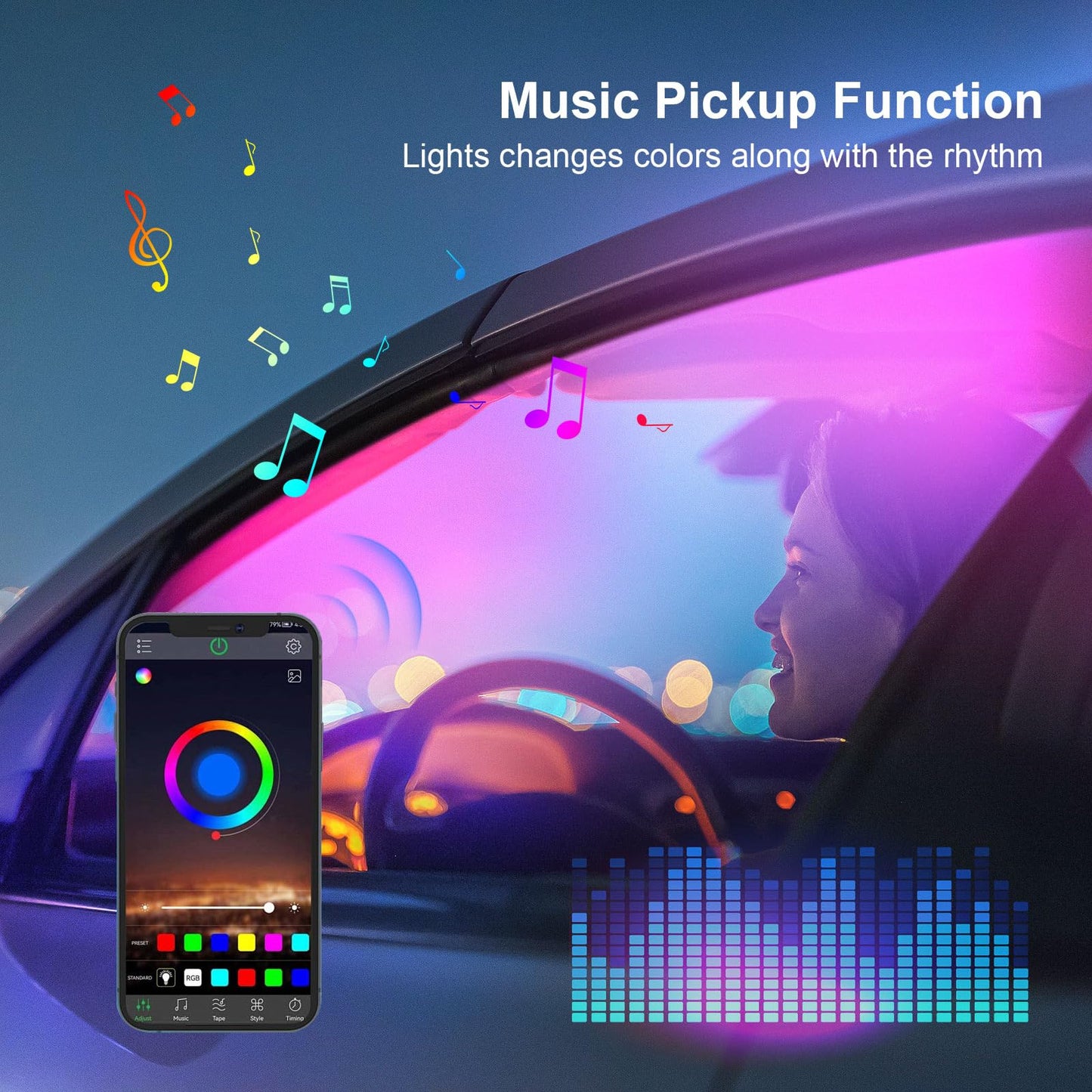 Acrylic LED Lights for Car, 43.3in RGB Strip Light Car LED Lights Interior with USB Port, App Control, Music Sync, 146 LEDs Interior Car Lights, Car Accessories Gifts for Women Men