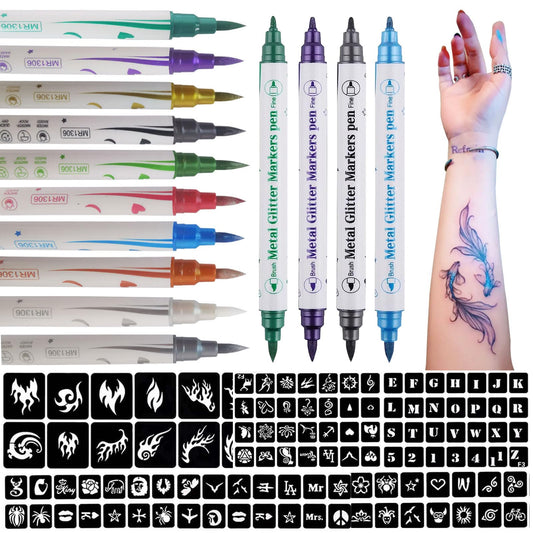 Marcadores de tatuajes temporales Betytattoo para la piel: rotuladores de doble punta para arte corporal y facial con 138 papeles para plantillas de tatuajes, 10 rotuladores para hacer líneas finas y audaces, calidad cosmética (BETY2)