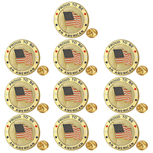 10 Pack Round American Flag Pins, Gold USA Flag Lapel Pins - Pround to Be An American Pin for Memorial Day, Flag Day, Independence Day,Veterans Day