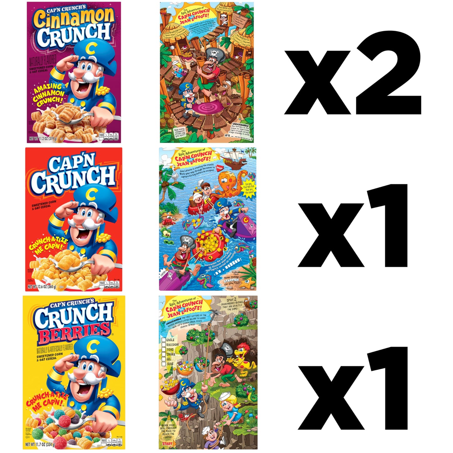 Céréales Cap'n Crunch, cannelle, original et baies croquantes, pack varié (paquet de 4)