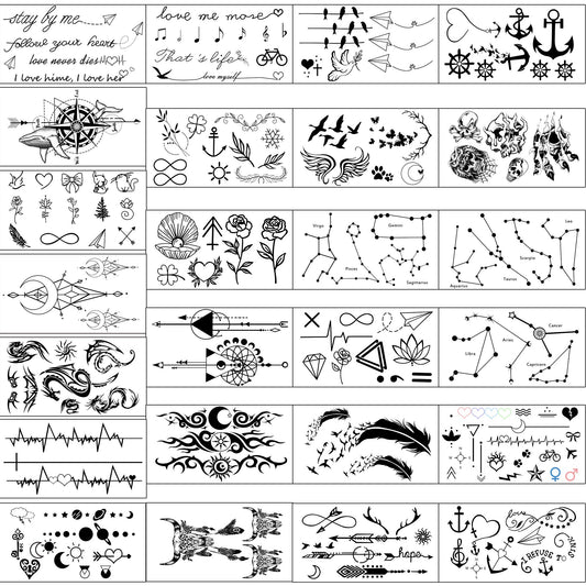 Yazhiji Tiny Waterproof Temporary Tattoos - 60 Sheets, Moon Stars Constellations Music Compass Anchor Words Lines Flowers for Kids Adults Men and Women