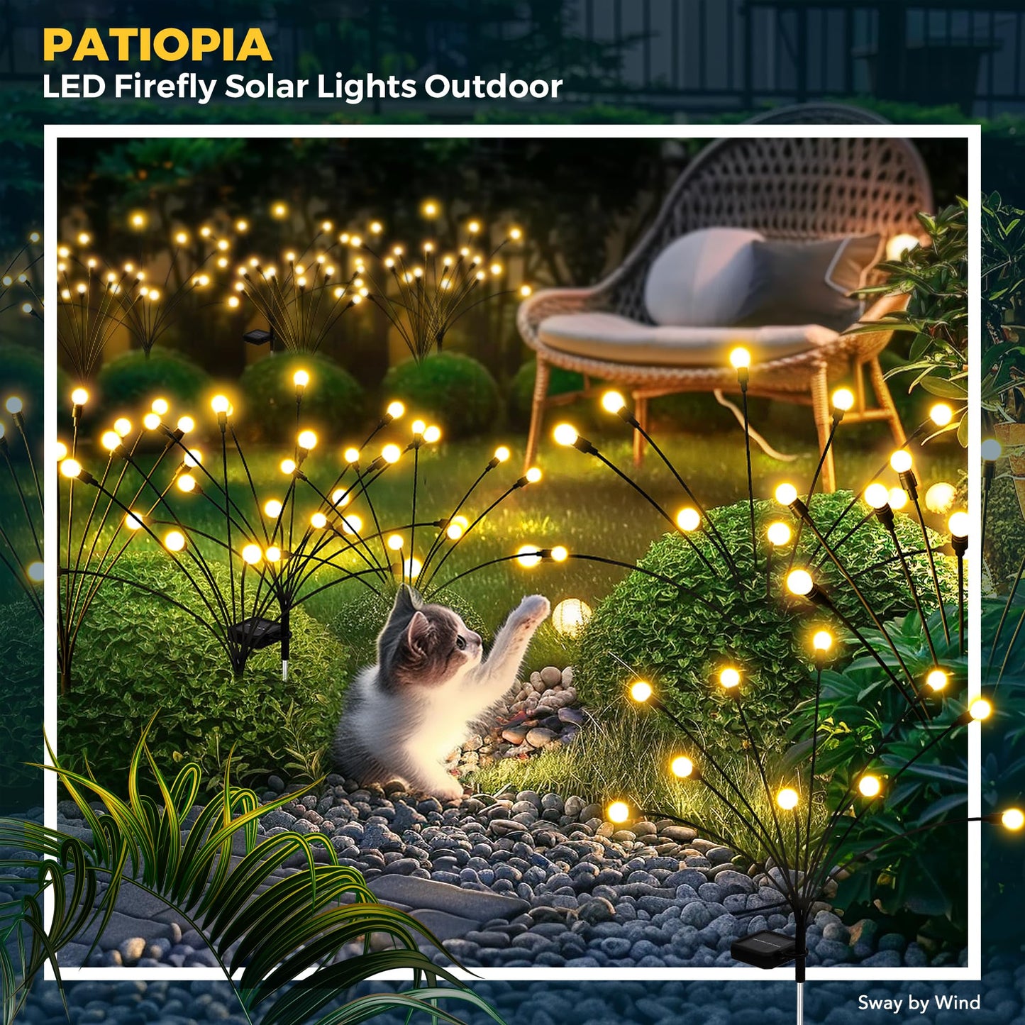 PATIOPIA Lampes solaires de jardin, 20 LED Firefly Garden Lights Solar Outdoor, Lampes solaires pour l'extérieur oscillant par le vent, Lampes solaires d'extérieur étanches pour la décoration de Noël, de cour, de patio, de chemin (lot de 2)