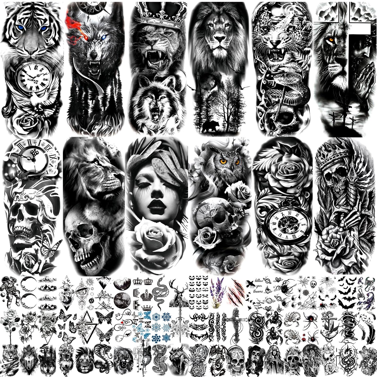 JEEFONNA 72 Sheets Temporary Tattoo for Men Women Adults, Include 12 Sheets Black 3D Half Sleeve Temporary Tattoos, Halloween Tattoos Scary Lion Wolf Tiger Skull Skeleton Tattoos Stickers