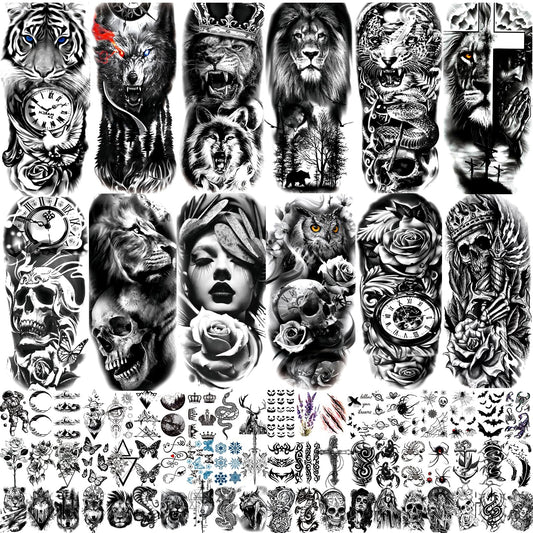 JEEFONNA 72 Sheets Temporary Tattoo for Men Women Adults, Include 12 Sheets Black 3D Half Sleeve Temporary Tattoos, Halloween Tattoos Scary Lion Wolf Tiger Skull Skeleton Tattoos Stickers