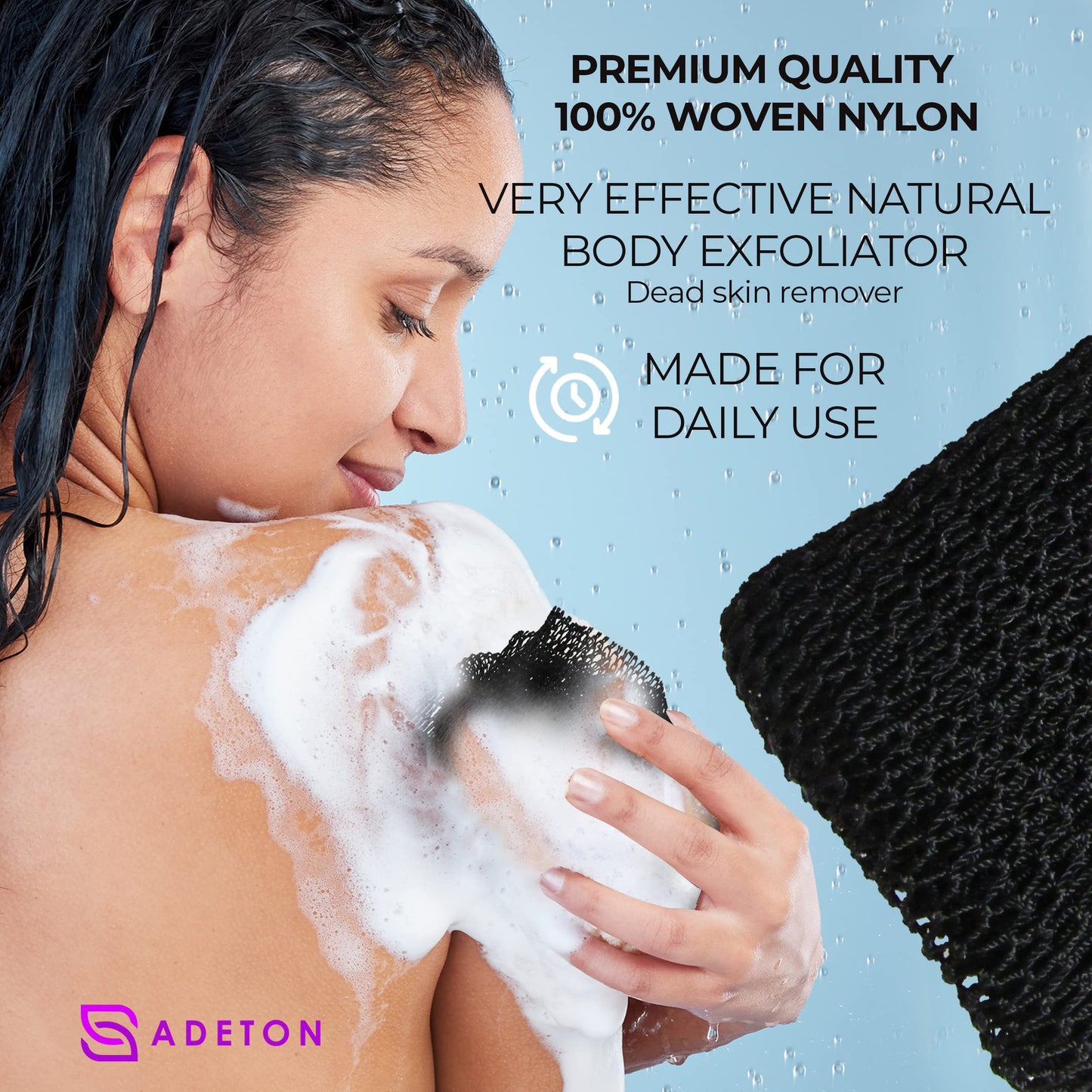 Adeton African Net Sponge, Authentic, Real, Black Owned, Exfoliating Bath Wash Cloth, Long Sponge, Body Exfoliator, Sapo, Shower Bath Accessories, Back Foot Scalp Scrub, Flat Dead Skin Remover (Black)