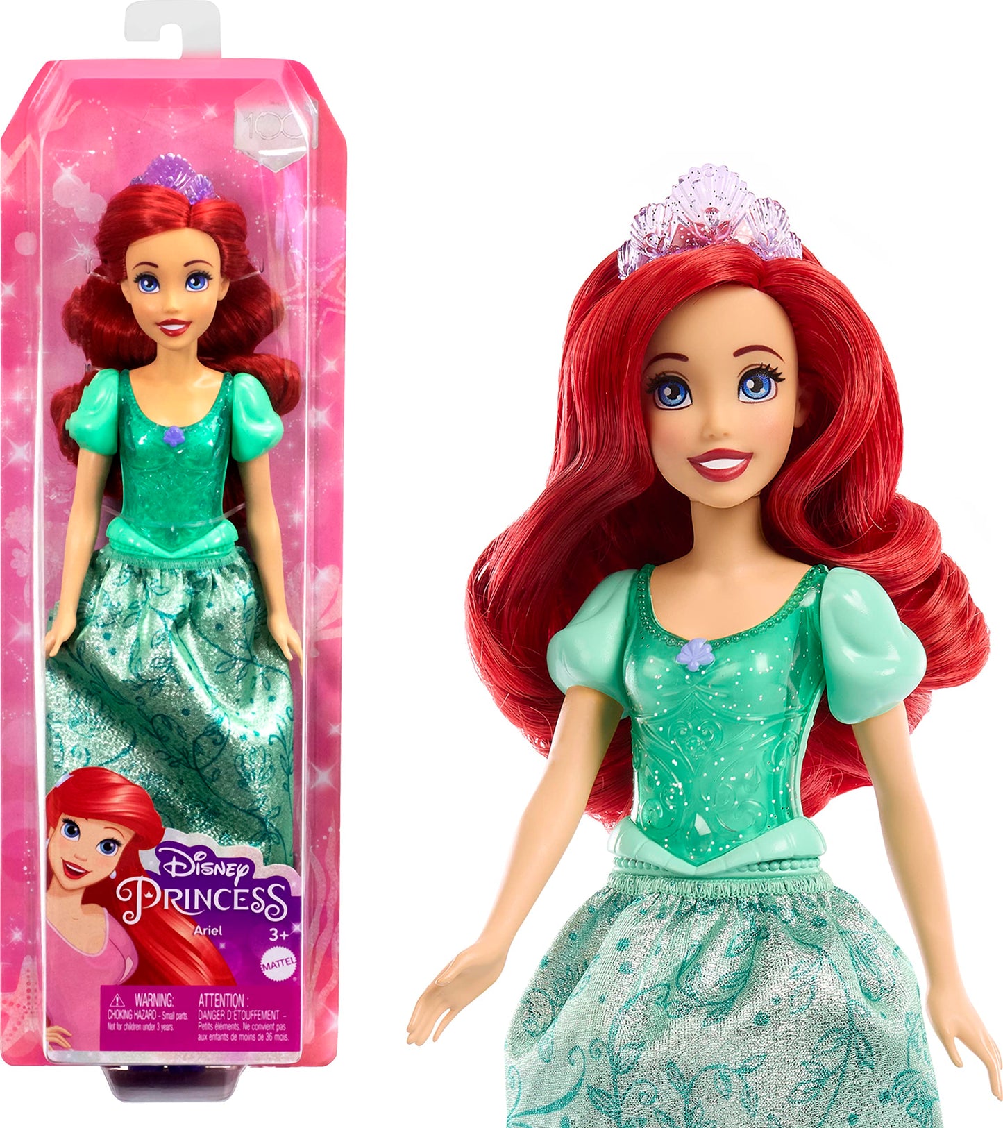 Jouets Mattel Disney Princess, poupée de mode Ariel, look étincelant avec cheveux roux, yeux bleus et accessoire diadème, inspiré du film La Petite Sirène