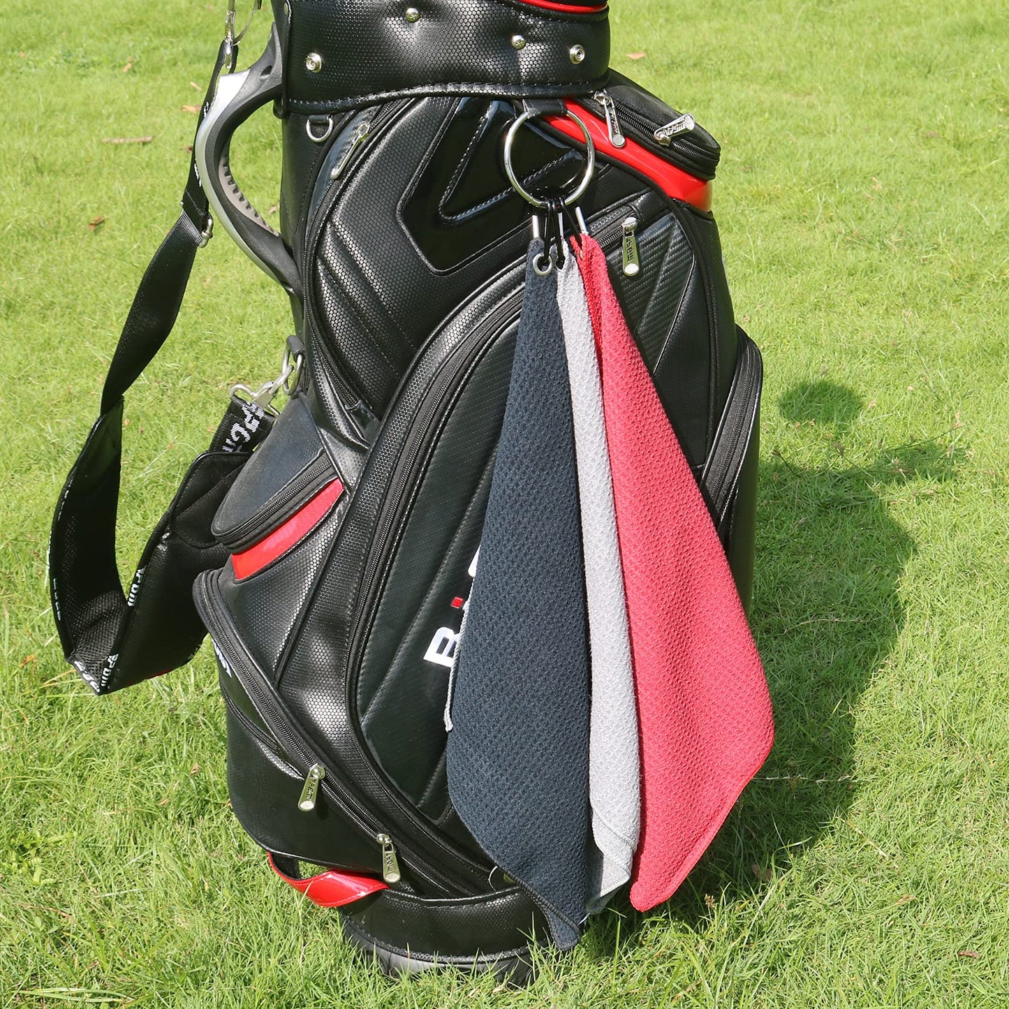 Handy Picks Microfiber Golf Towel (16" X 16") with Carabiner Clip, Waffle Pattern Hook and Loop Fastener - The Convenient Golf Cleaning Towel Black/Grey/Red