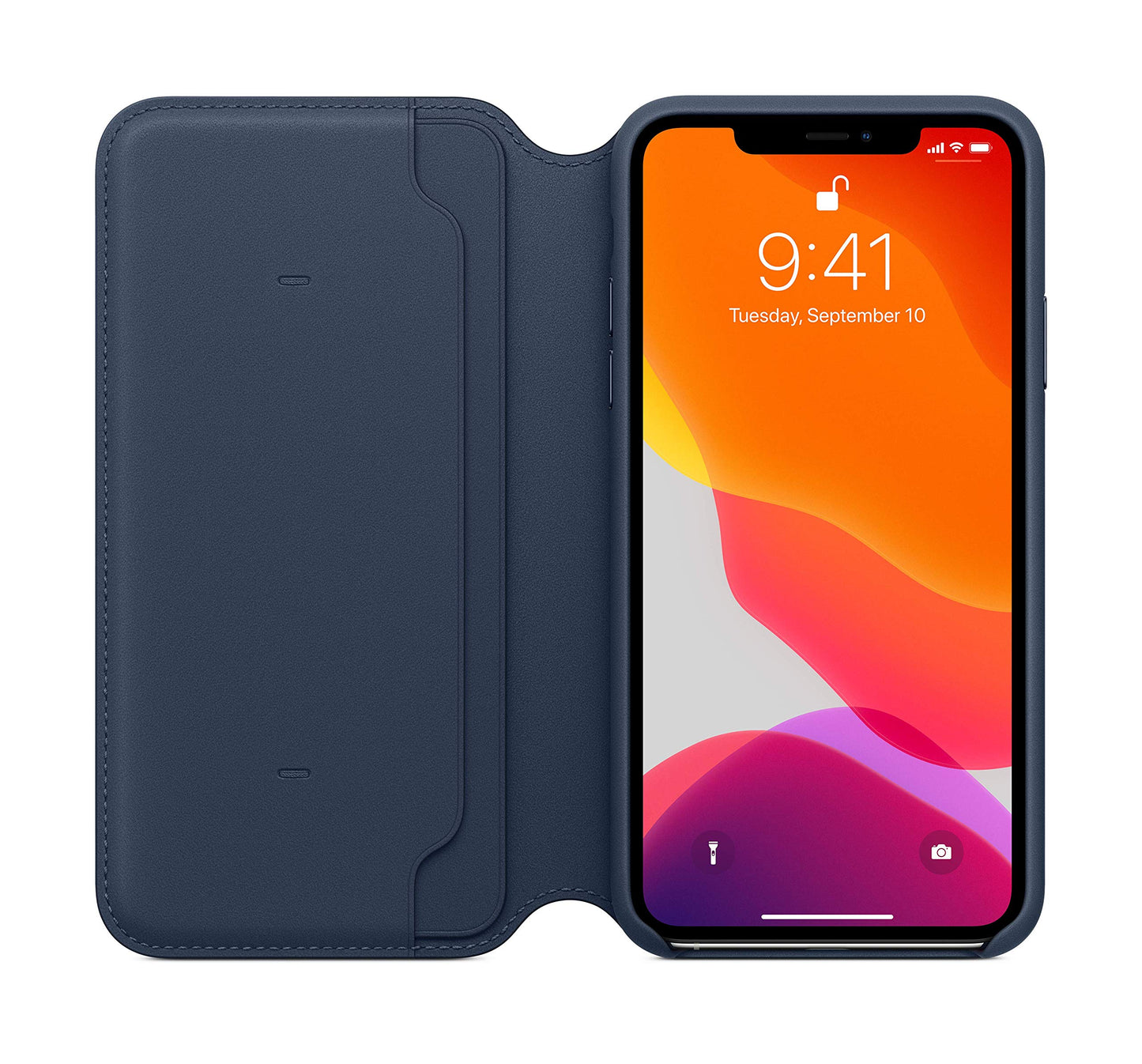 Funda tipo libro de cuero para iPhone 11 Pro Max de Apple, color azul marino, ajuste fino, compatible con carga inalámbrica