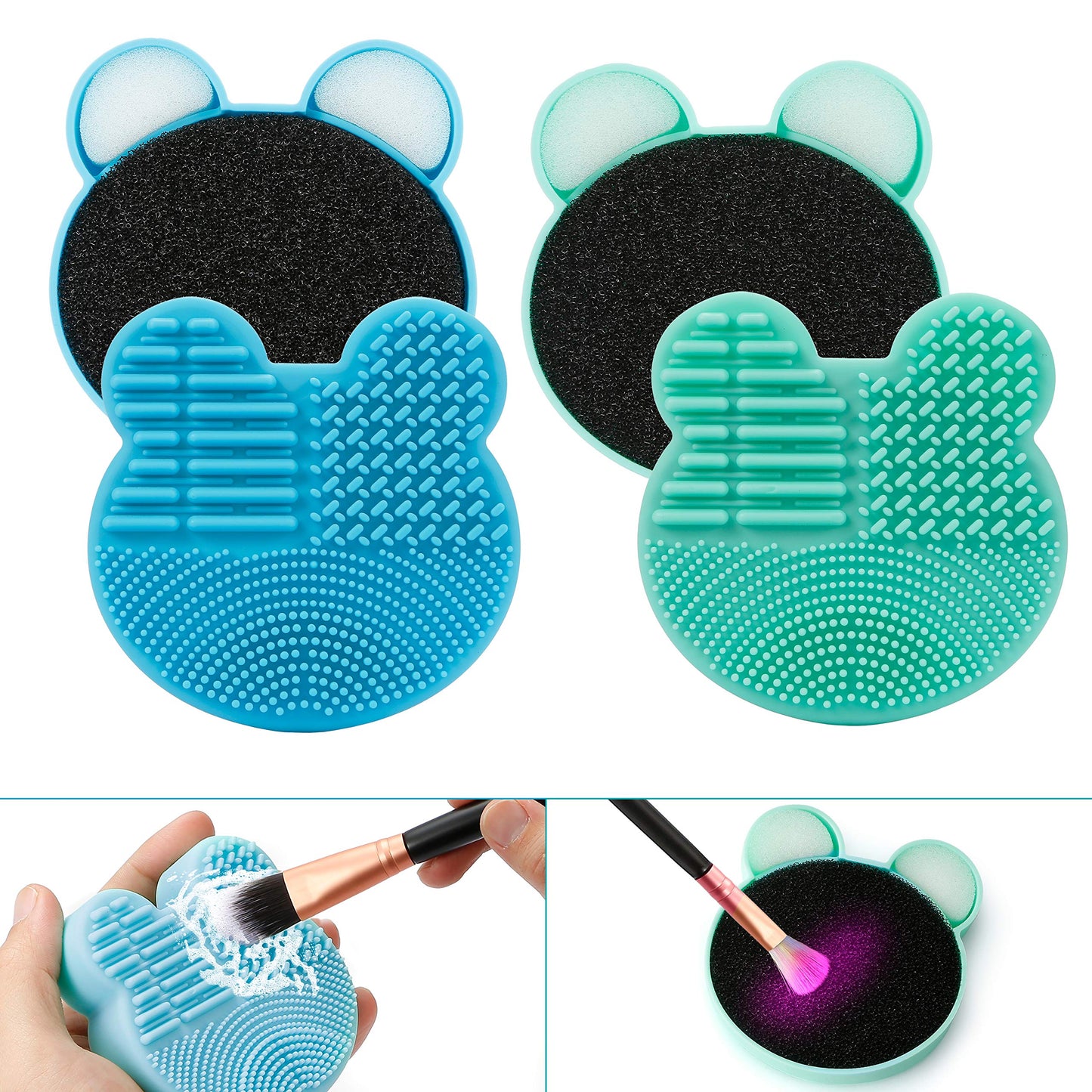 TailaiMei 2 Pack Makeup Brush Cleaning Mat with Color Removal Sponge, 2 in 1 Design Silicone Cleaner Pad for Dry Brush Color Switch and Wet Cleaning (Blue&Green)