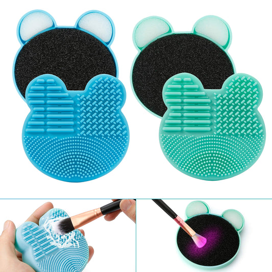 TailaiMei 2 Pack Makeup Brush Cleaning Mat with Color Removal Sponge, 2 in 1 Design Silicone Cleaner Pad for Dry Brush Color Switch and Wet Cleaning (Blue&Green)