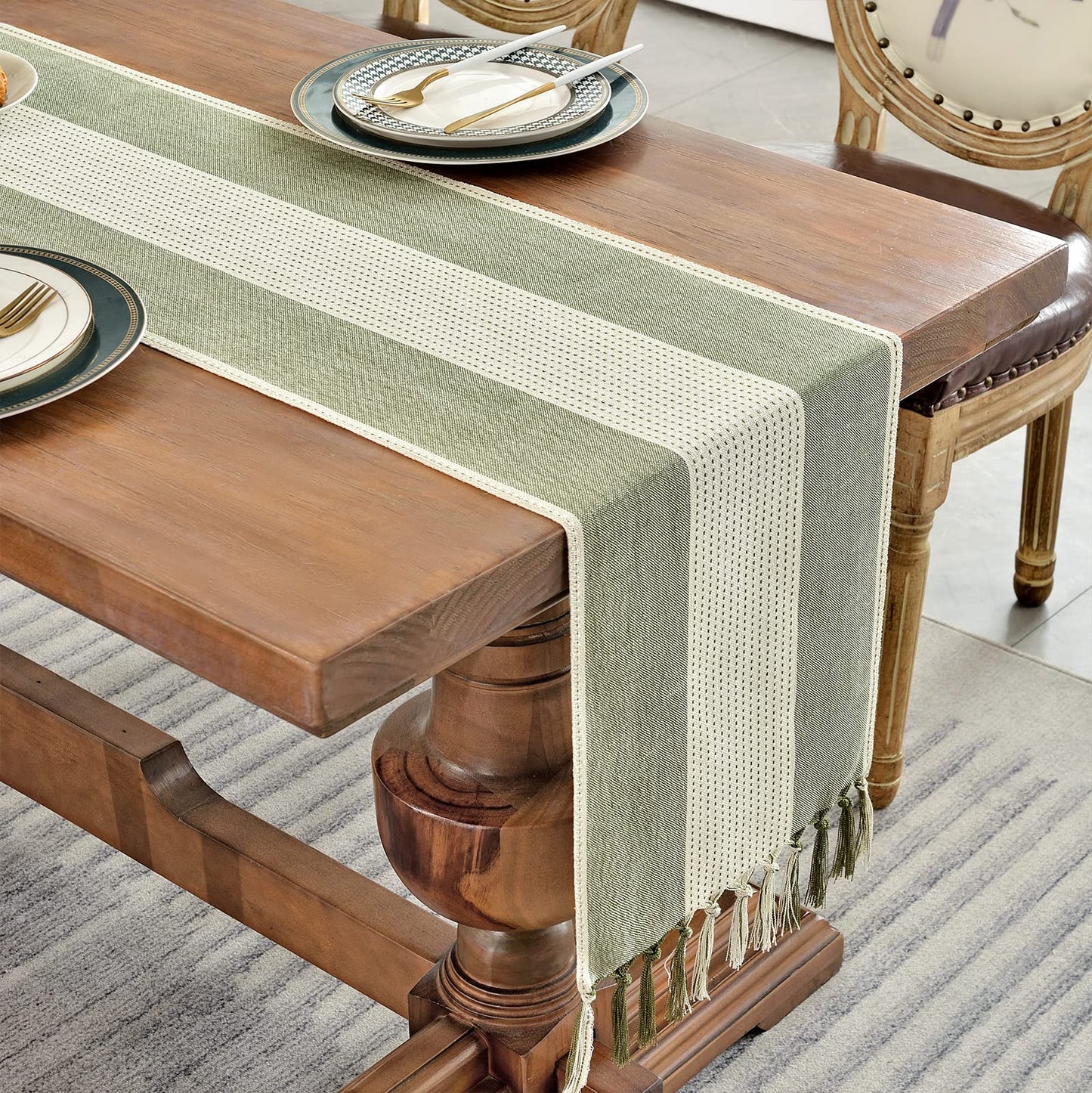 Wracra Linen Table Runner, Farmhouse Macrame Table Runners 72 Inches Long for Dining Table Decor, Wedding, Party and Dresser Decor (Sage Green,72")