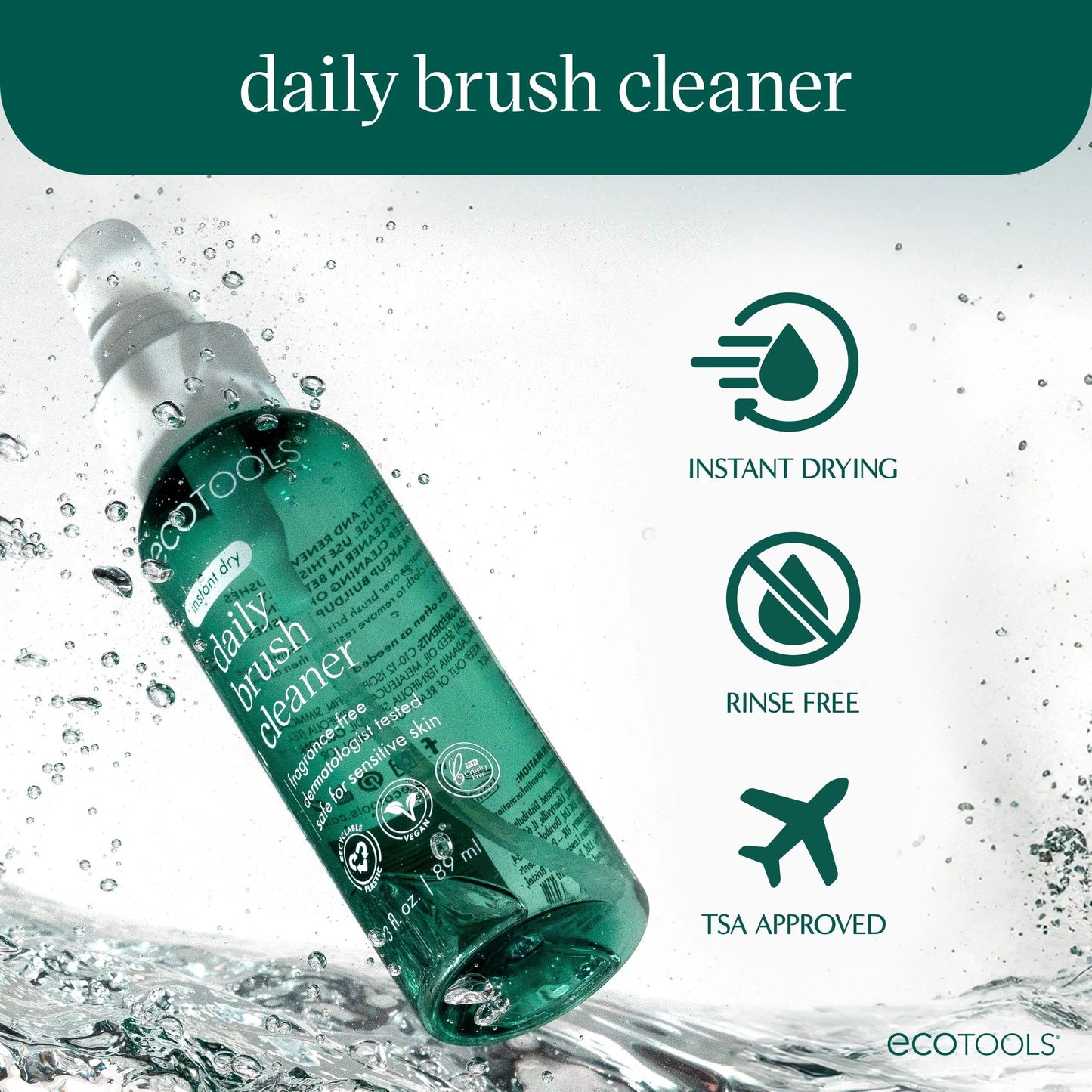 EcoTools Daily Makeup Brush Cleanser Spray, Quick Drying, Fragrance Free & Dermatologist Tested, Travel Size, TSA Approved, Cruelty-Free & Vegan 3 fl oz./89 ml. Bottle