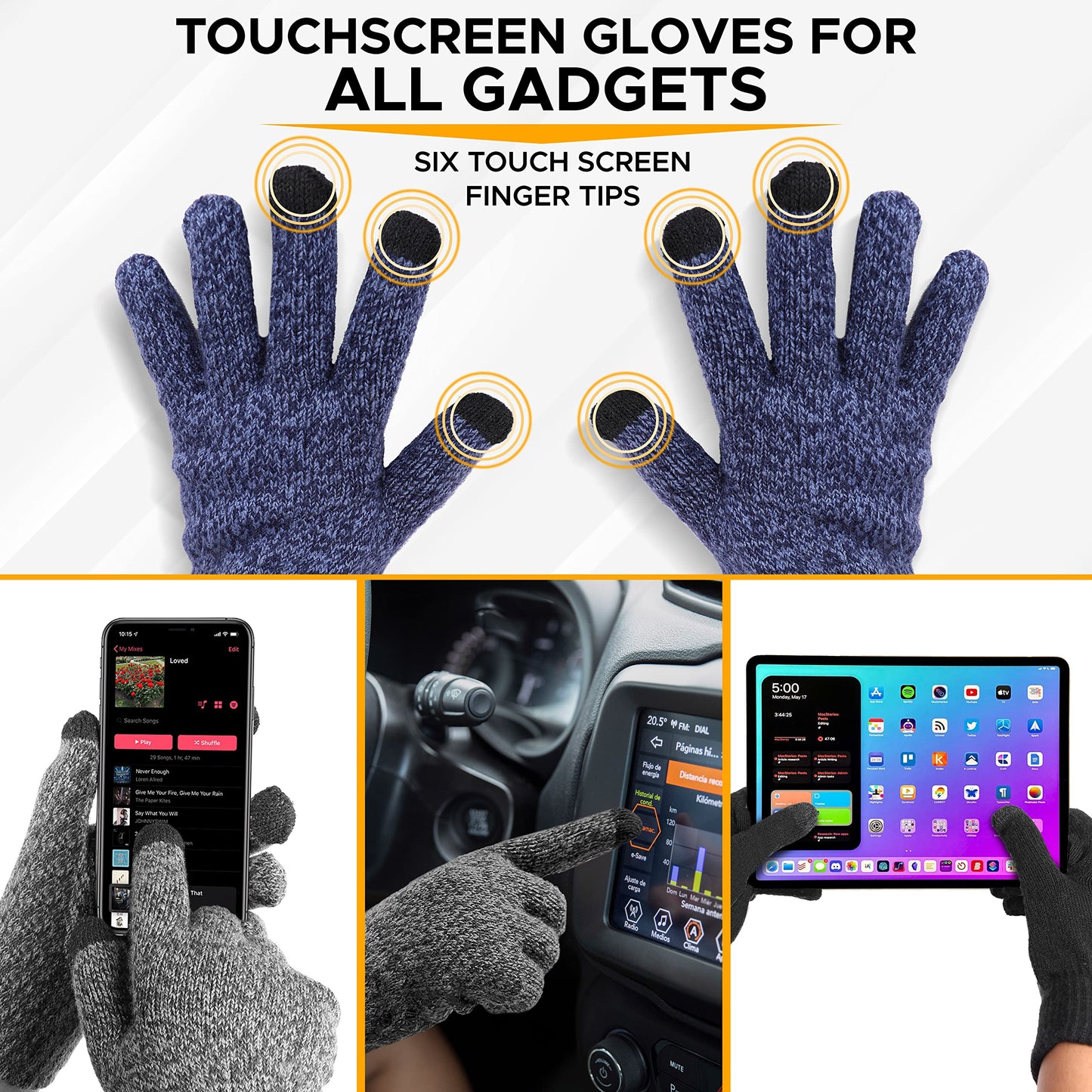 Guante EcoNour para invierno | 3 pares de guantes para nieve con forro polar | Con puños a prueba de viento y agarre de silicona | Guante de conducción con utilidad para pantalla táctil | Guantes unisex aptos para dispositivos electrónicos